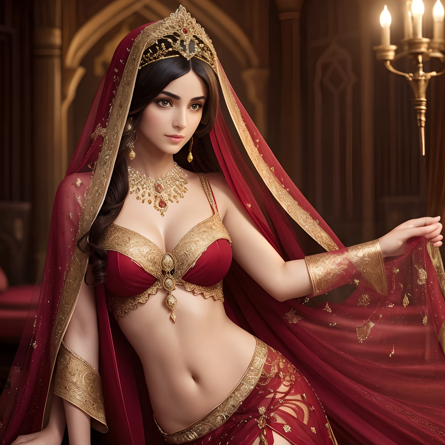 Scheherazade is a legendary character "One Thousand and One Nights", Girl of amazing beauty. She is a symbol of feminine cunning, Cunning seductress. Beautiful almond-shaped eyes, chiffon, tulle, veil, richly decorated with precious embroidery, Haute Couture bedroom, Anime-style concept art, hair ornaments, necklace, bellybutton, Dress of the Sultan's Concubine, antenna, delicate detail, Foam constructions made of chiffon and lace, Red, black, a gold, Mature woman looking at viewer, Seductive coquette, Late Evening Colors, Solar Sparks, Details in fairytale Arabian style, Aesthetically pleasing, Beautiful, Realistic, Professional photo, High Resolution, high detail, Hyper-realistic portraits, 32K UHD, Majestic figures, medieval style