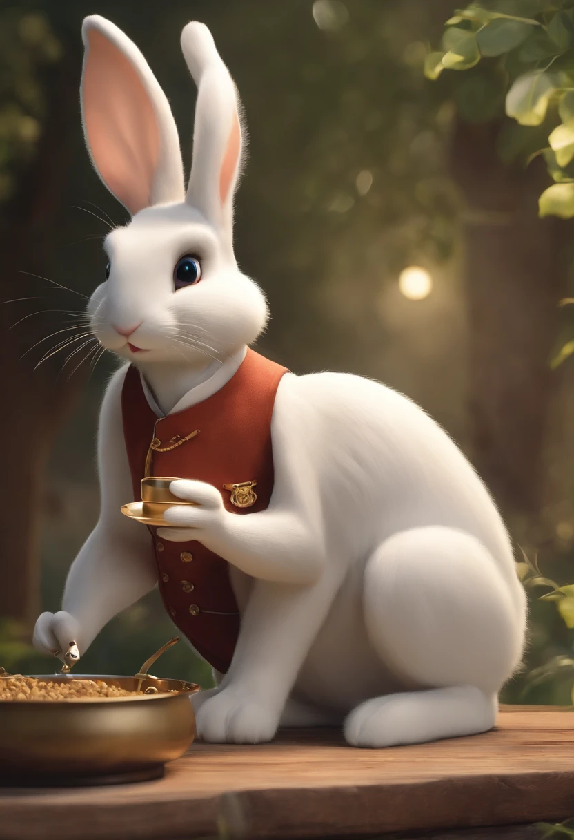 (((Cartoon Character 1.3)))，(((Smoking））），A cute bunny：1.4)))，He wears a big gold medal around his neck，The rabbit wears a speckled vest，Denim shorts on the bottom，Long white hair that floated up，Naughty expression，HD Real，Black eyes，Flying figure，HD picture，Sony SLR lens，Shoot at medium distance，Soft lighting，tmasterpiece