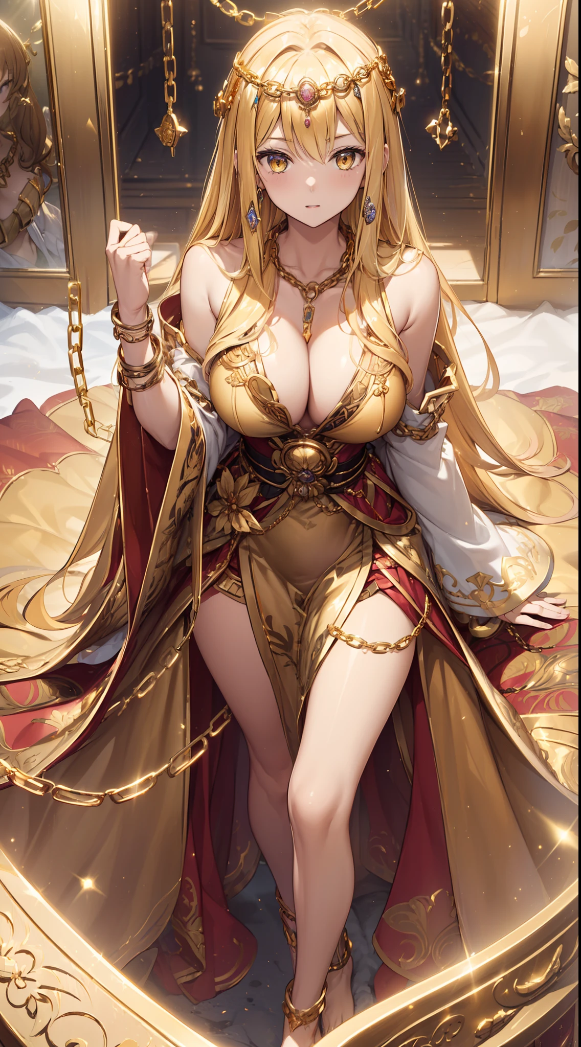 top-quality、Top image quality、tmasterpiece、Girl vs((20yr old、Best bust、big bast、Bust 85,Beautiful golden eyes、Breasts wide open,A blonde long-haired、slenderness、Great Valley、vests、Cosmic dress、gold bikini、stooping forward、Kaihuai)）hiquality、beautiful art、Background with((soiree、gold chains)))masutepiece、visual art、depth of fields、Delicate and beautiful face