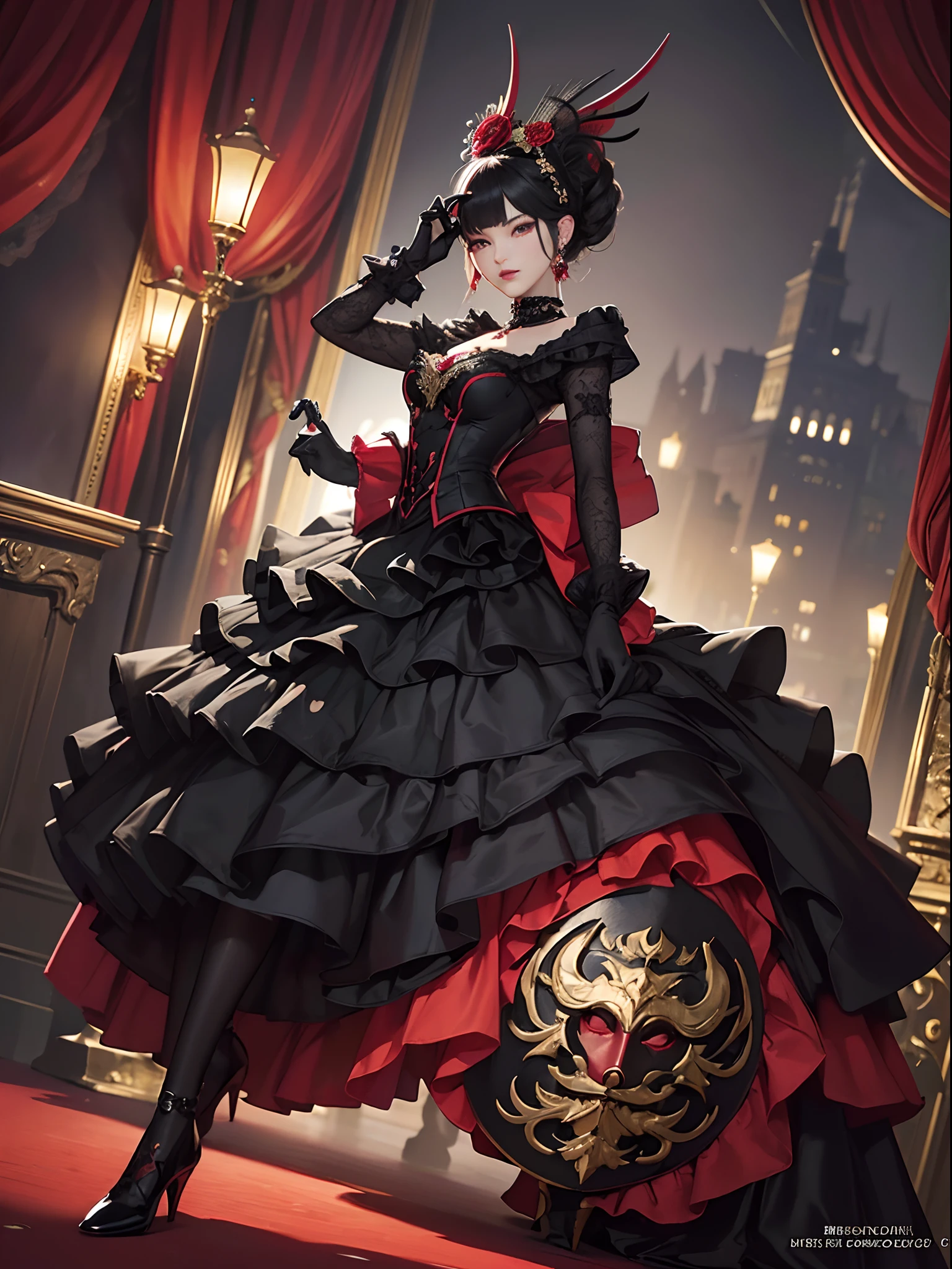 Black cat motif、Black and red tones、Vibrant colors、((​masterpiece)))、(((top-quality)))、((ultra-detailliert))、(A hyper-realistic)、(highly detailed CGillustration）、Official art、Monte Carlo at the beginning of the 20th century、Decadent、Madame Cha Noir、Masquerade、Elegance、Masks that cover most of the face、Colorful and detailed mask design、matchless beauty、Fans、gorgeous dress、jewely、Perfect Angle、rightward、perfect-composition、full body Esbian