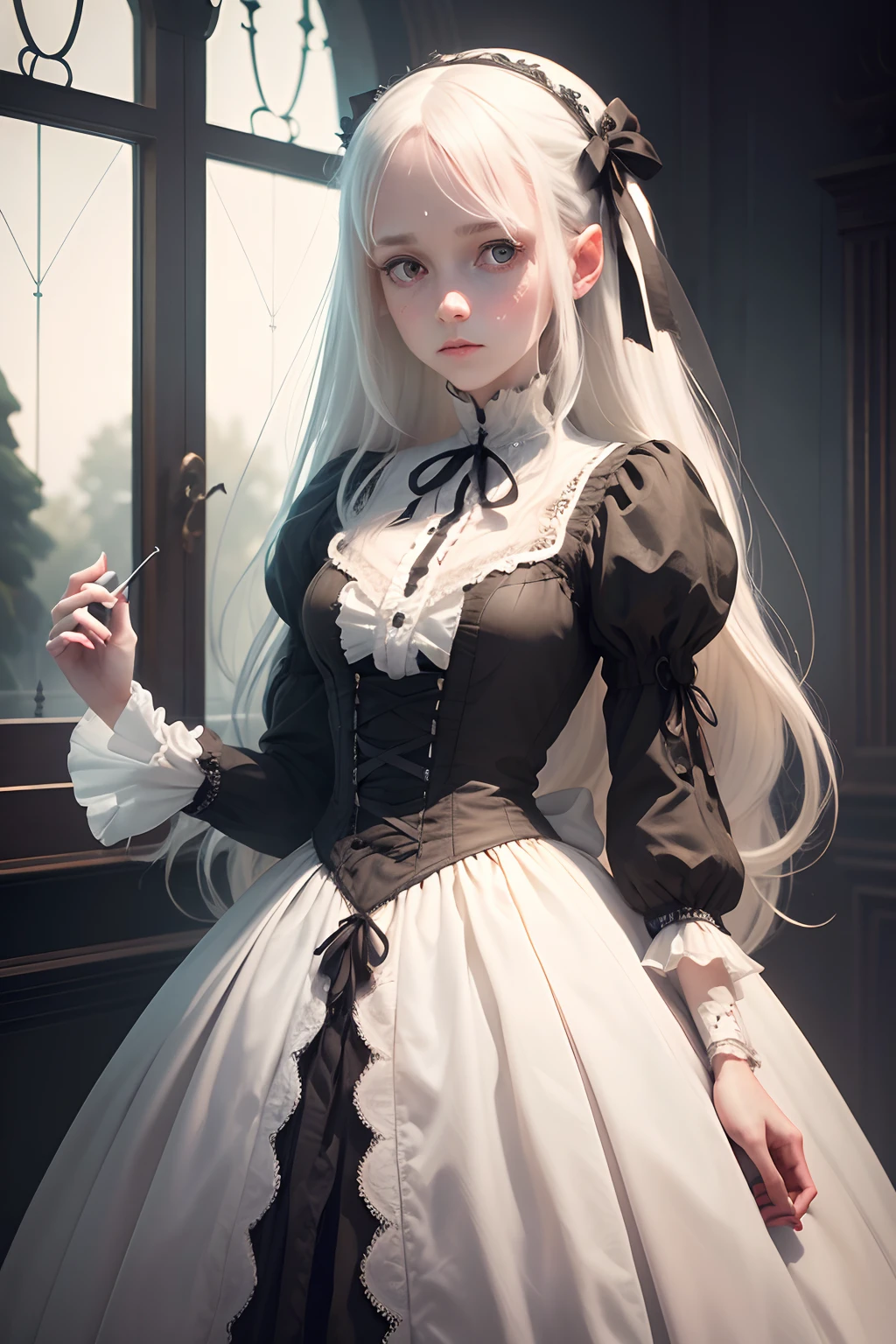 (best quality, highres, ultra-detailed), short woman, lacey Victorian dress, bandages and scars on arms, black nails, long flowing white hair with ribbon, eyes that look like hollow mirrors, dainty, pale, ethereal, delicate, soft lighting, vintage aesthetic, eerie background
