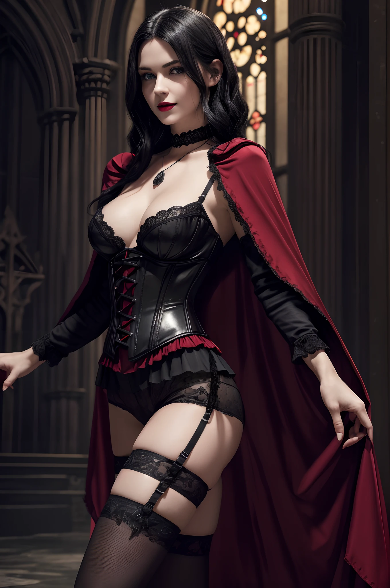 full body picture, 25 year old girl, vampire, black hair, short hair, disheveled hair, pale skin, blue eyes, dark red lips, small breasts, mischievous smile, vampire fangs, black corset with intricate red details, flowing black cloak, black lace boy shorts, black stockings with one stripe, black and red high heels, black choker, small red heart charm on plunging necklace, moonlight streaming, light rays, inside of an old church, candlelit, (best quality, 4k, 8k, highres, masterpiece:1.2), ultra-detailed, (realistic, photorealistic, photo-realistic:1.37), HDR, UHD, studio lighting, light source from behind, sharp focus, extreme detail description, professional, vivid colors, dark and mysterious atmosphere, modeling stance, seductive stance, confident stance, legs spread, hypnotic gaze