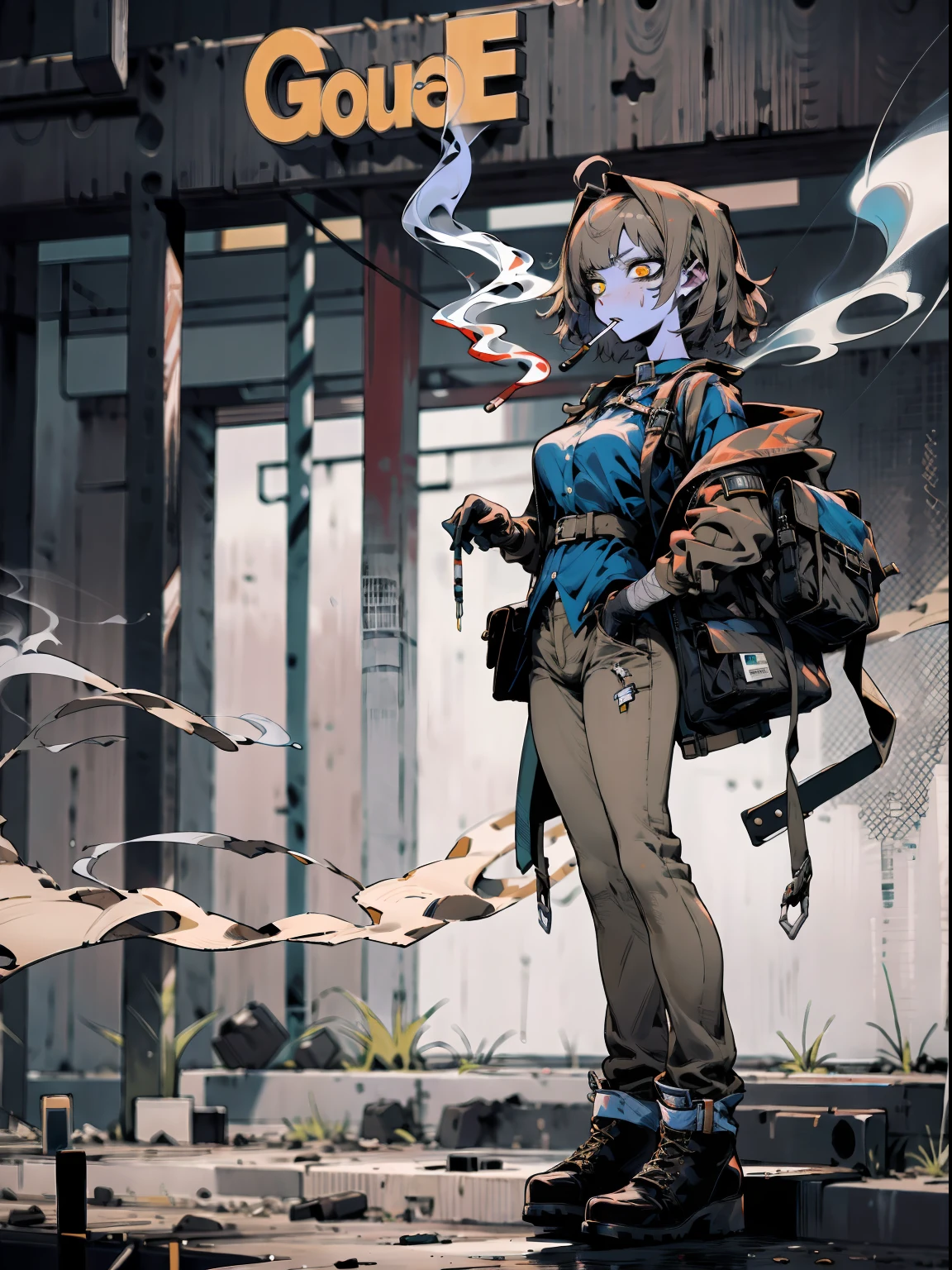simplebackground,femele,Sexy body,Wearing a heavy blue coat outside,Wearing big red gloves,Brown jeans,Short beige hair,Bandages wrapped around his head,The expression is serious,There are many injections in the medical satchel on his side,smoking girl,Full body like,Stand up,Golden eyes,Lots of detail,illustration,CG,quadratic element,high qulity,tmasterpiece,Cyberworld,jk style,smoking girl,bags under eyes,eyeliner,makeup,There are a lot of empty syringes on the ground