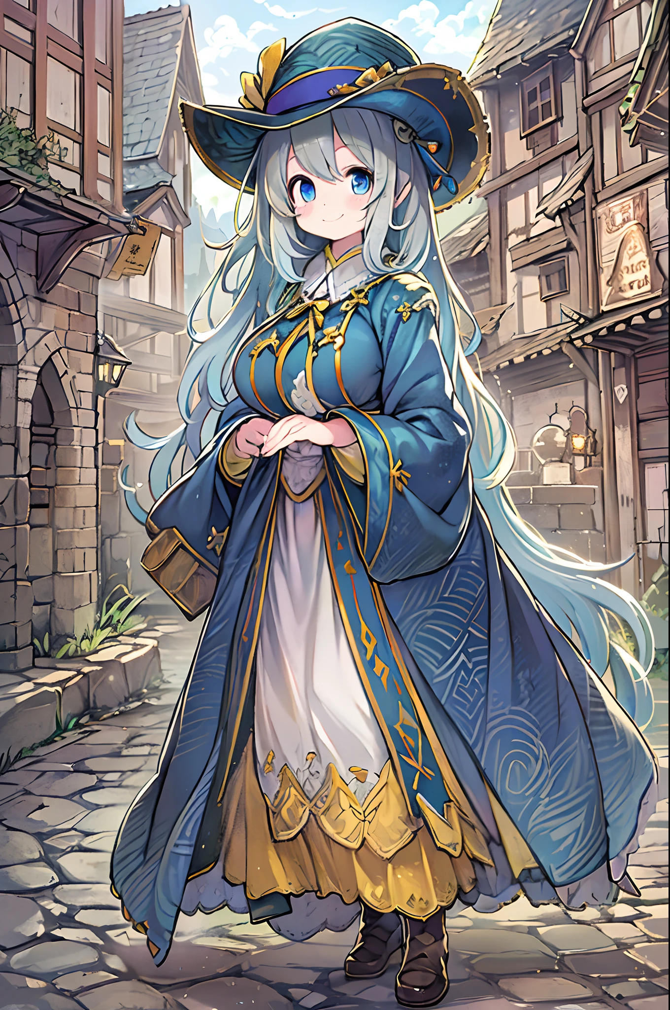 elaina_(nice_No_tabitabi), masterfully, masutepiece, 4K,, 1girl in, Feminine, Beautiful, A-cup, Grey Hair, Big magic hat + Black at the top、Purple on the inside, Blue eyes, White shirt, Yellow Ribbon, black robes,, kawaii, Looking at Viewer, slight smile, magical little girl, Background Medieval Europe,