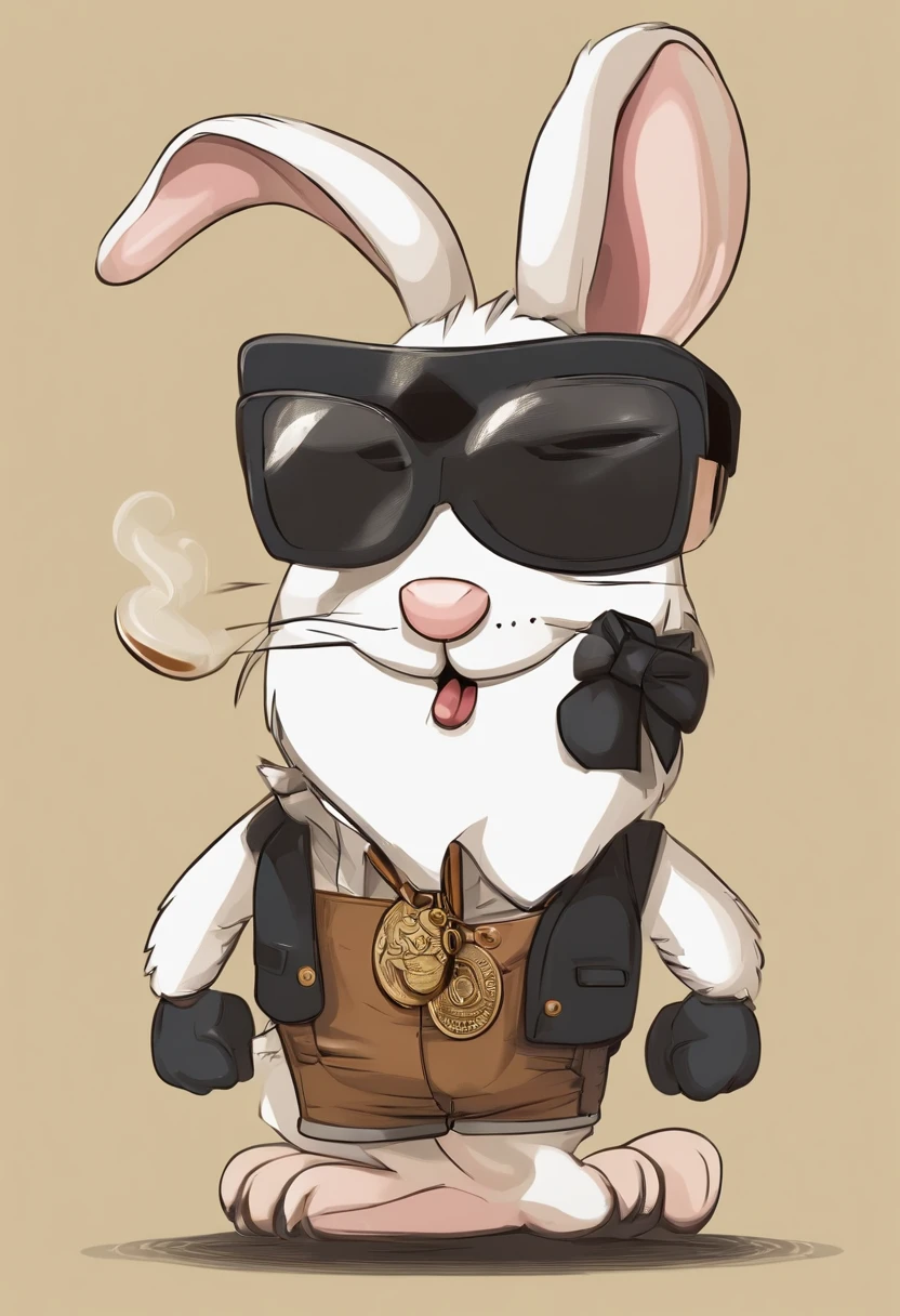 (((Cartoon Character 1.3))),(((Smoking))),(((A cute bunny:1.4))),He wears a big gold medal around his neck,The rabbit wears a speckled vest,Denim shorts on the bottom,Naughty expression,HD Real,Black eyes,Flying figure,HD picture,Sony SLR lens,Shoot at medium distance,Soft lighting,tmasterpiece