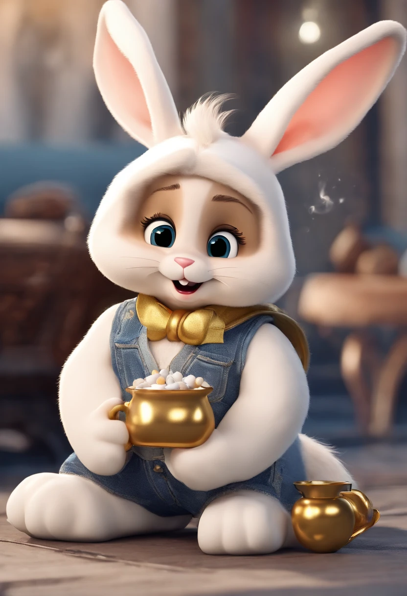 (((Cartoon Character 1.3)))，(((Smoking)))，(((A cute bunny：1.4)))，He wears a big gold medal around his neck，The rabbit wears a speckled vest，Denim shorts on the bottom，Naughty expression，HD Real，Black eyes，Flying figure，HD picture，Sony SLR lens，Shoot at medium distance，Soft lighting，tmasterpiece