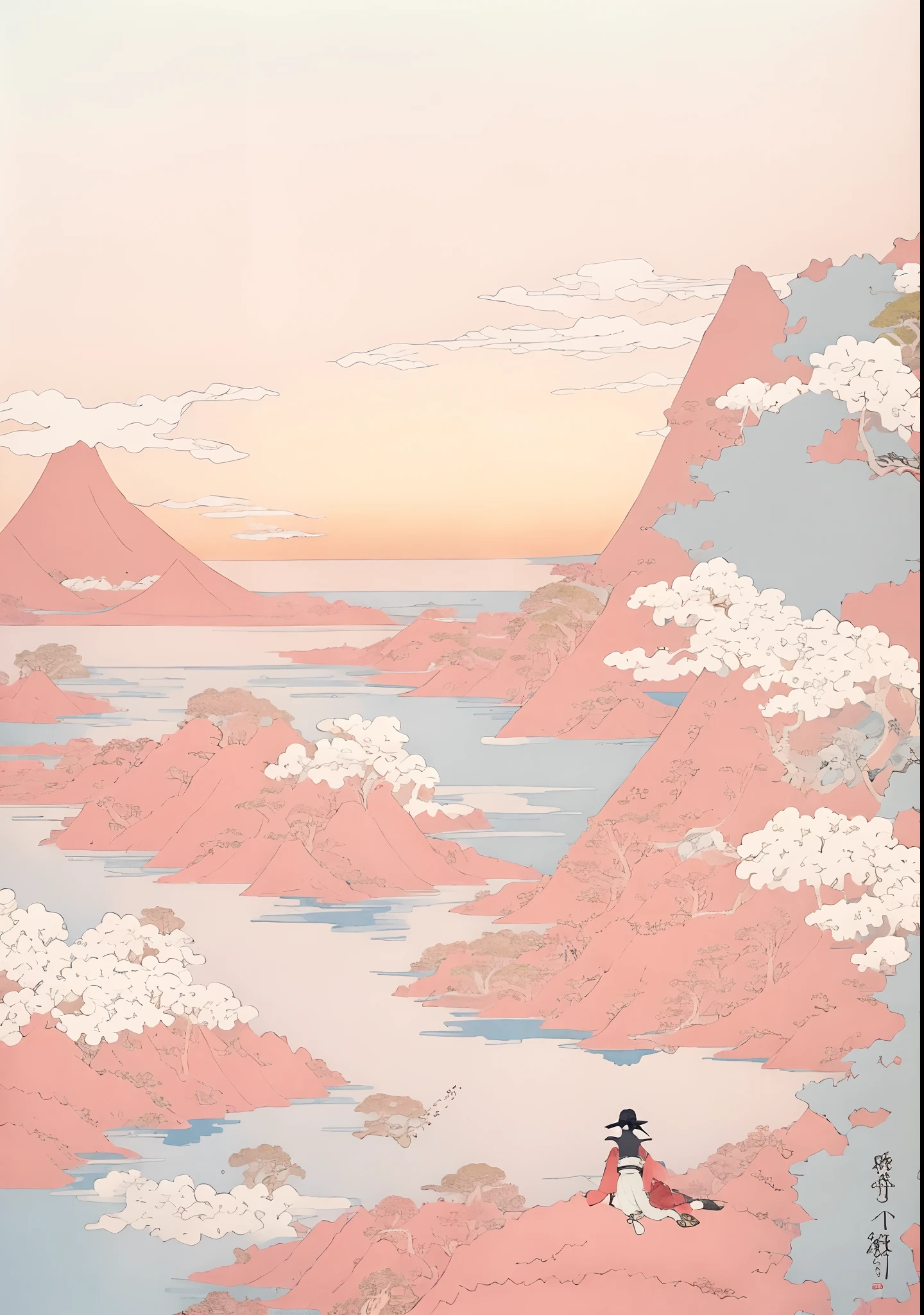 There is a painting of a mountain，There is a lake in the middle, floating lands in-clouds, in the art style of ukiyo - e, Anime landscape, inspired by Yoshio Markino, dreamlike illustration, inspired by Tosa Mitsuoki, mythical floral hills, a surreal dream landscape, katsushika hokusai style, pink landscape, dreamy psychedelic anime
