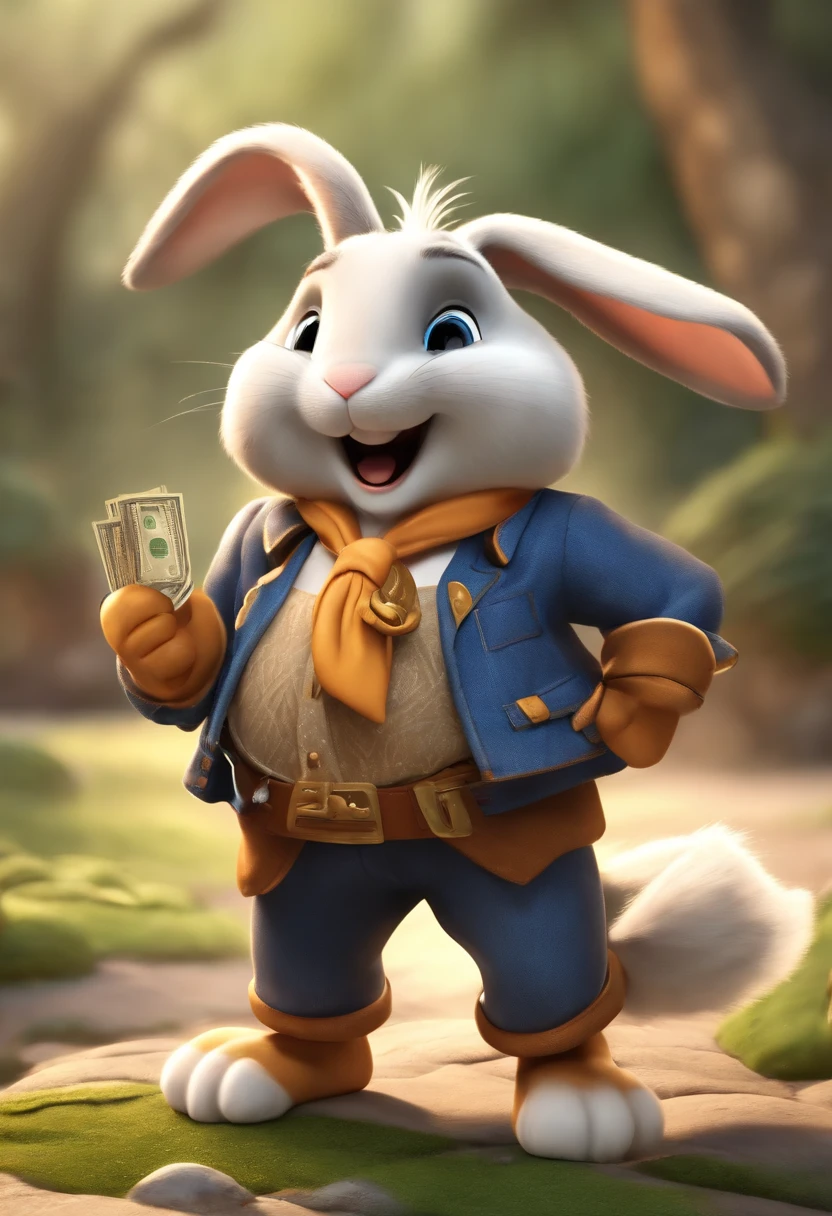(((Cartoon Character 1.3))),(((Counting money, counting money))),(((A cute bunny:1.4))),He wears a big gold medal around his neck,The rabbit wears a speckled vest,Denim shorts on the bottom,Naughty expression,HD Real,Black eyes,Flying figure,HD picture,Sony SLR lens,Shoot at medium distance,Soft lighting,tmasterpiece