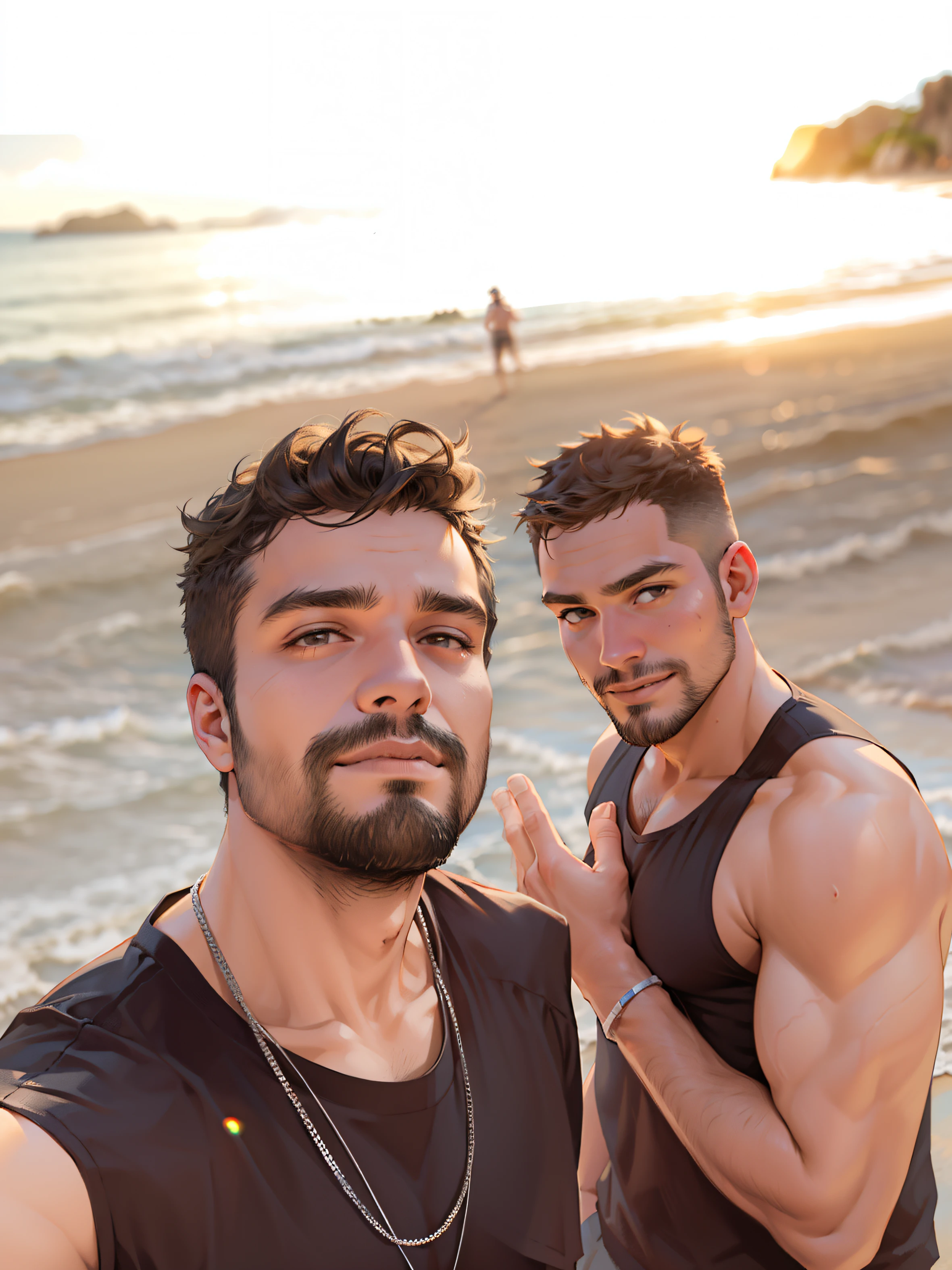 Dois meninos，praia，sexy, sem camisa, corpo atletico, sensual, sedutor, muito bonitos, atraente