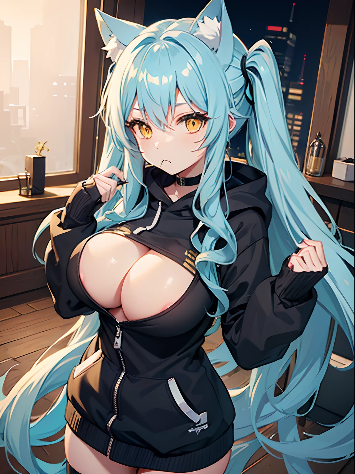 Long Hair, Twintail, Light Blue Hair, Yellow Eyes, Heart eyes, Cat Ears, Cat Tail, Big Boobs, Wearing Hoodie, Long Stocking, Nighttime, Wearing Black Gloves, Inside a house, biting lips,