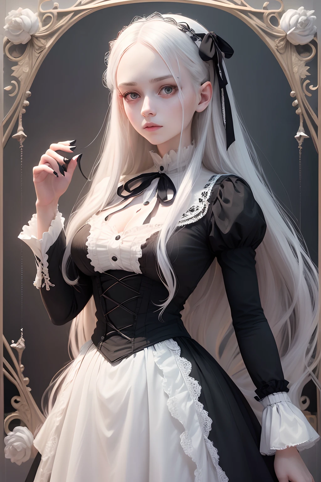 (best quality, highres, ultra-detailed),  Woman, lacey Victorian dress, bandages and scars on arms, black nails, long flowing white hair with ribbon, eyes that look like hollow mirrors, dainty, pale skin, ethereal, delicate, soft lighting, vintage aesthetic, eerie background