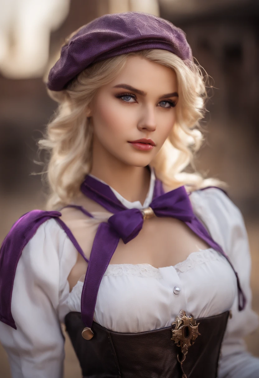 z23,, textured skin, 8k, beautiful detailed eyes, cinematic lighting, beautiful detailed face, ultra-detailed, world masterpiece theater, cinematic lighting,, 1girl, solo, blonde hair, purple eyes, hair bow, white shirt, beret, bare shoulders, gloves, iron cross, bike shorts, :d, armband, white gloves, cowboy shot,