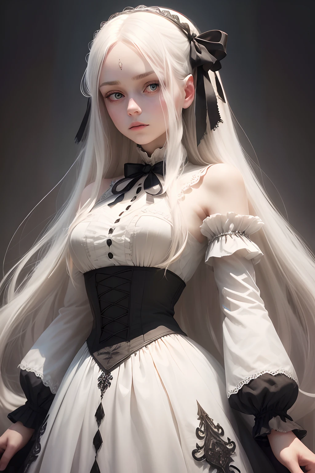 (best quality, highres, ultra-detailed), Woman, lacey Victorian dress, bandages and scars on arms, black nails, long flowing white hair with ribbon, eyes that look like hollow mirrors, dainty, pale skin, ethereal, delicate, soft lighting, vintage aesthetic, eerie background