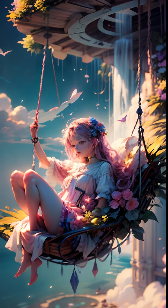 Create a mesermizing scene where a woman is rests from a swing of detailed flowers, delicately suspended with ornate ropes of extremely detailed flowers. The woman is in a mythic realm of dreams. Include floating islands and intricate watercolor skies. The woman's face exudes a sense of peace and happiness as she hangs weightlessly in the air. The environment is filled with fluffy clouds, waterfalls cascading from the floating islands, and a vibrant, surreal environment with beautiful shades of pink, purple, and blue. The atmosphere is filled with a sense of wonder and tranquility. ((Include many shades of pink in the artwork's details and background.)) This scene will be depicted in an anime-style illustration, with soft lines, pastel colors, and a whimsical touch. The artwork will capture the ethereal beauty and tranquility of the dreamlike realm, creating a sense of harmony and escape from the ordinary world.