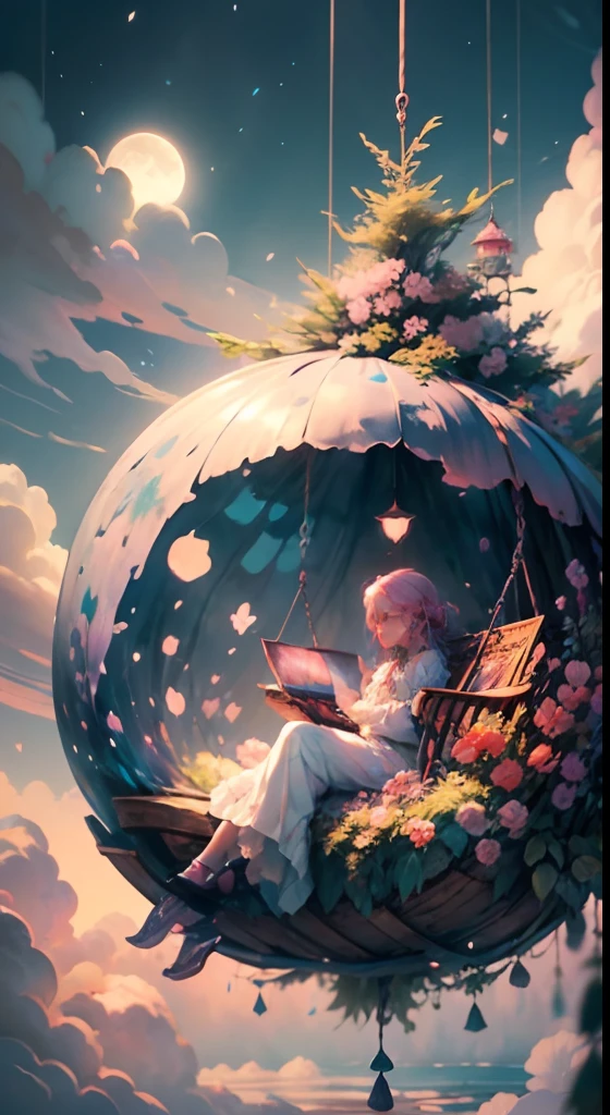 Create a mesermizing scene where a woman is rests from a swing of detailed flowers, delicately suspended with ornate ropes of extremely detailed flowers. The woman is in a mythic realm of dreams. Include floating islands and intricate watercolor skies. The woman's face exudes a sense of peace and happiness as she hangs weightlessly in the air. The environment is filled with fluffy clouds, waterfalls cascading from the floating islands, and a vibrant, surreal environment with beautiful shades of pink, purple, and blue. The atmosphere is filled with a sense of wonder and tranquility. ((Include many shades of pink in the artwork's details and background.)) This scene will be depicted in an anime-style illustration, with soft lines, pastel colors, and a whimsical touch. The artwork will capture the ethereal beauty and tranquility of the dreamlike realm, creating a sense of harmony and escape from the ordinary world.