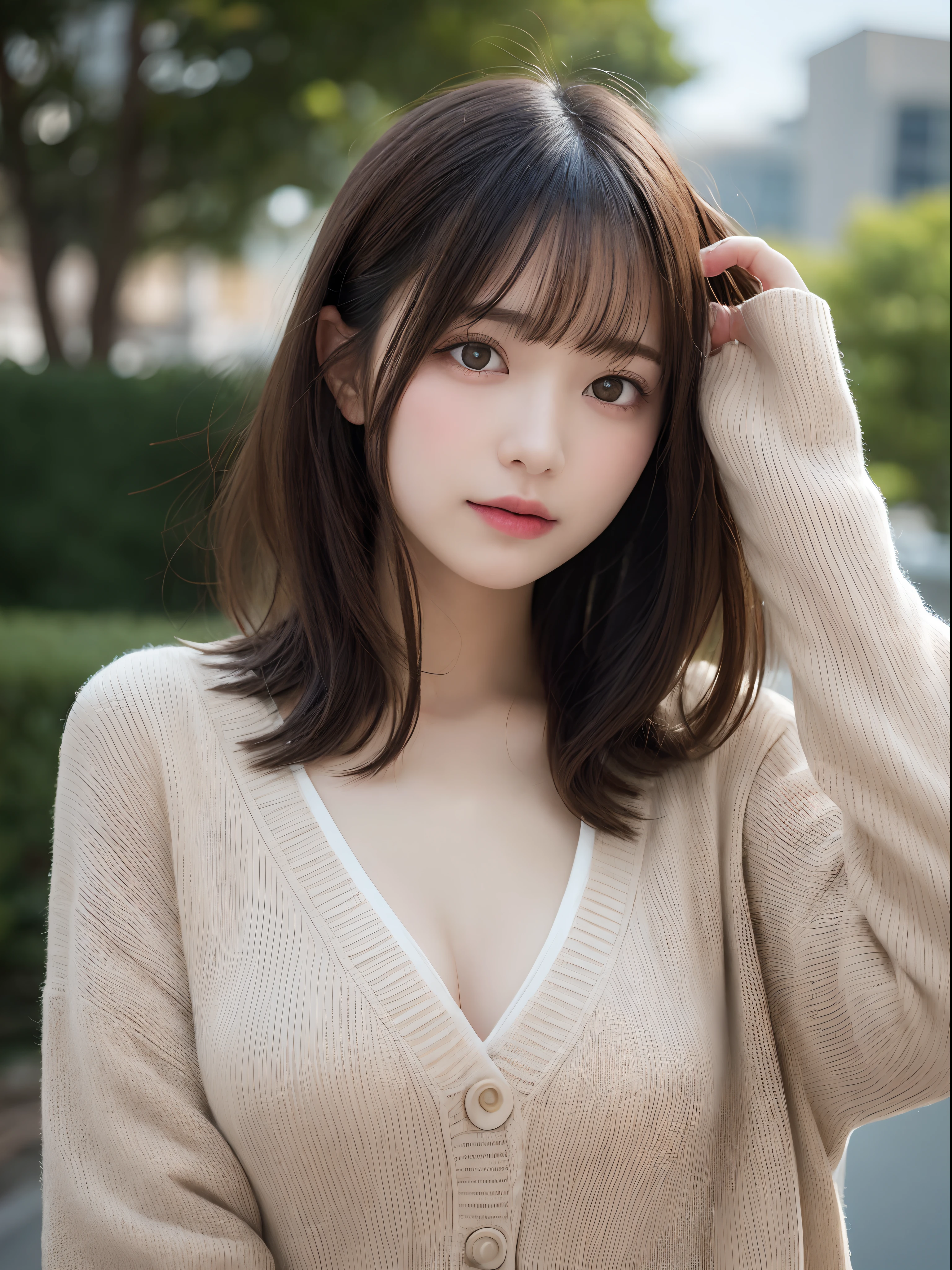masutepiece, Best Quality, Illustration, Ultra-detailed, finely detail, hight resolution, 8K Wallpaper, Perfect dynamic composition, Beautiful detailed eyes, doress, long Hair, mid-chest, Natural Color Lip, Random and sexy poses,Smile, Blurred park background、20 years girl、Colossal 、Too much exposure、No shoulder knitwear(black)、Exposing the chest、Slid、I keep my hair tied up