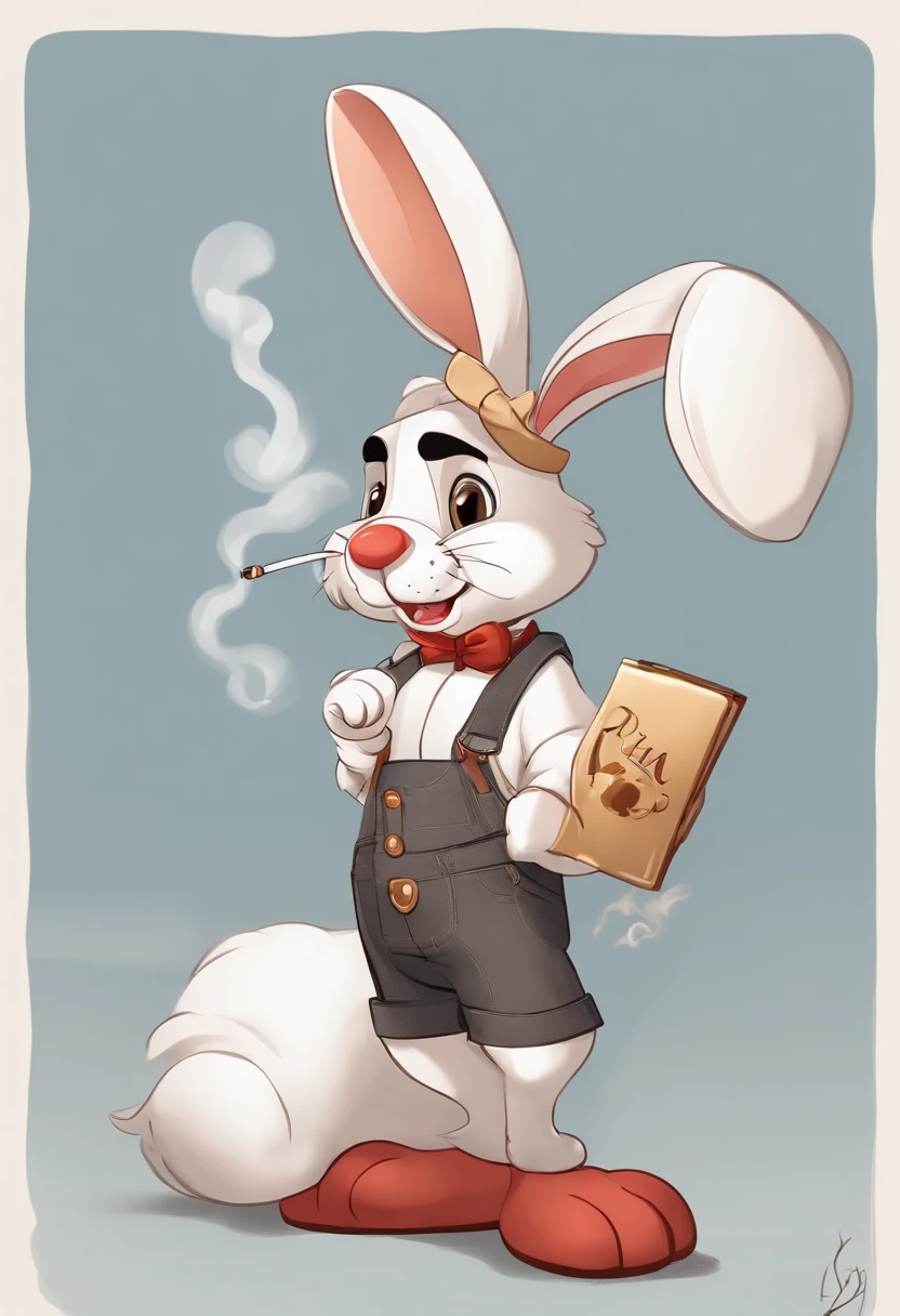 (((Cartoon Character 1.3)))，(((Smoking)))，(((A cute bunny：1.4)))，Red ears，The rabbit wears a speckled vest，Denim shorts on the bottom，Naughty expression，HD Real，Black eyes，Flying figure，HD picture，Sony SLR lens，Shoot at medium distance，Soft lighting，tmasterpiece