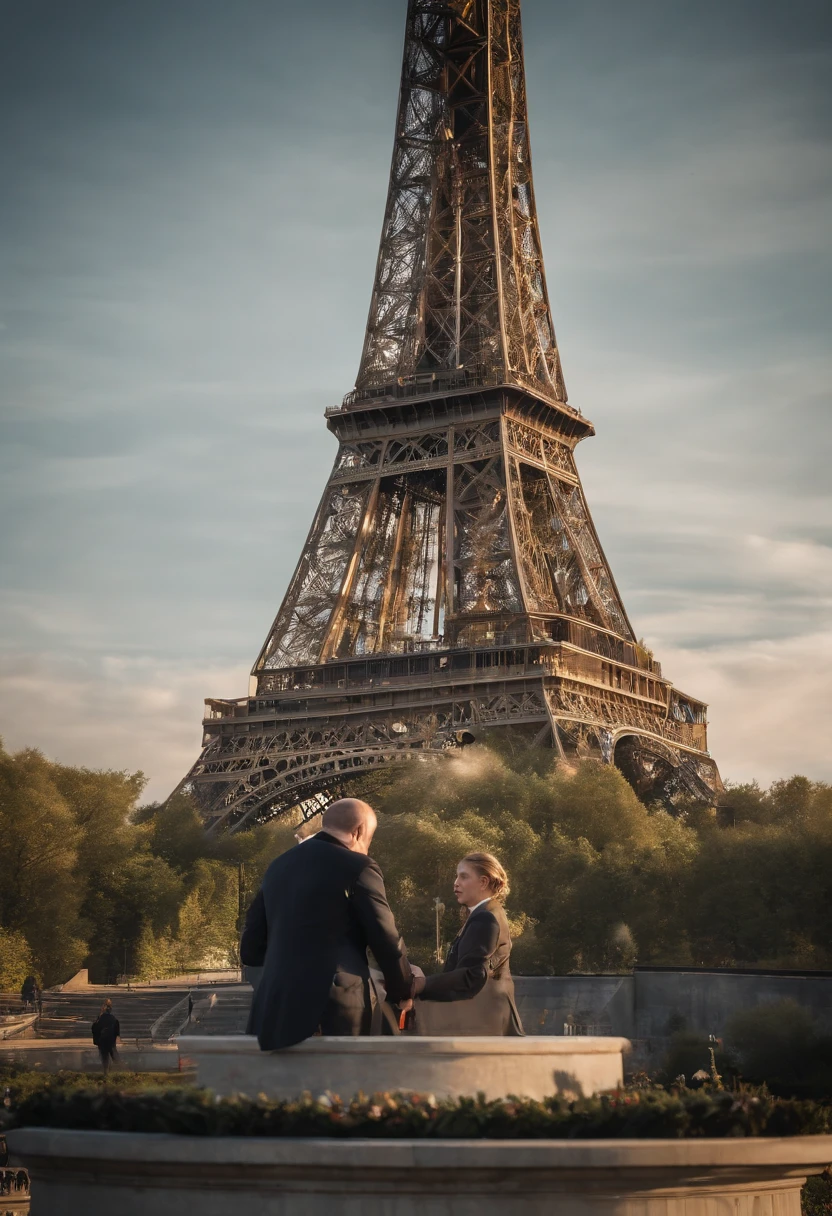 In a cartoon and Disney style, Vladimir Putin in a war setting next to the Eiffel Tower, in an ultra-realistic, 8K, ultra-detailed style.
