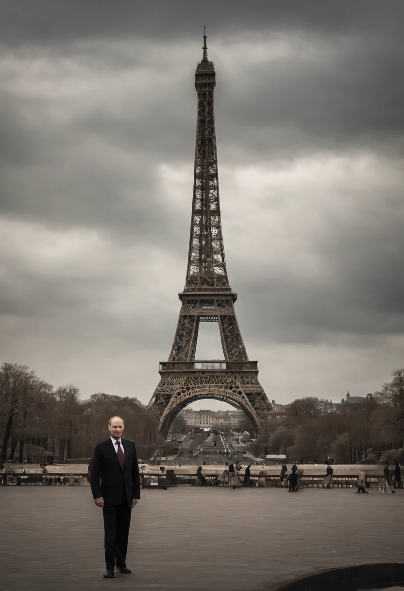 In a cartoon and Disney style, Vladimir Putin in a war setting next to the Eiffel Tower, in an ultra-realistic, 8K, ultra-detailed style.