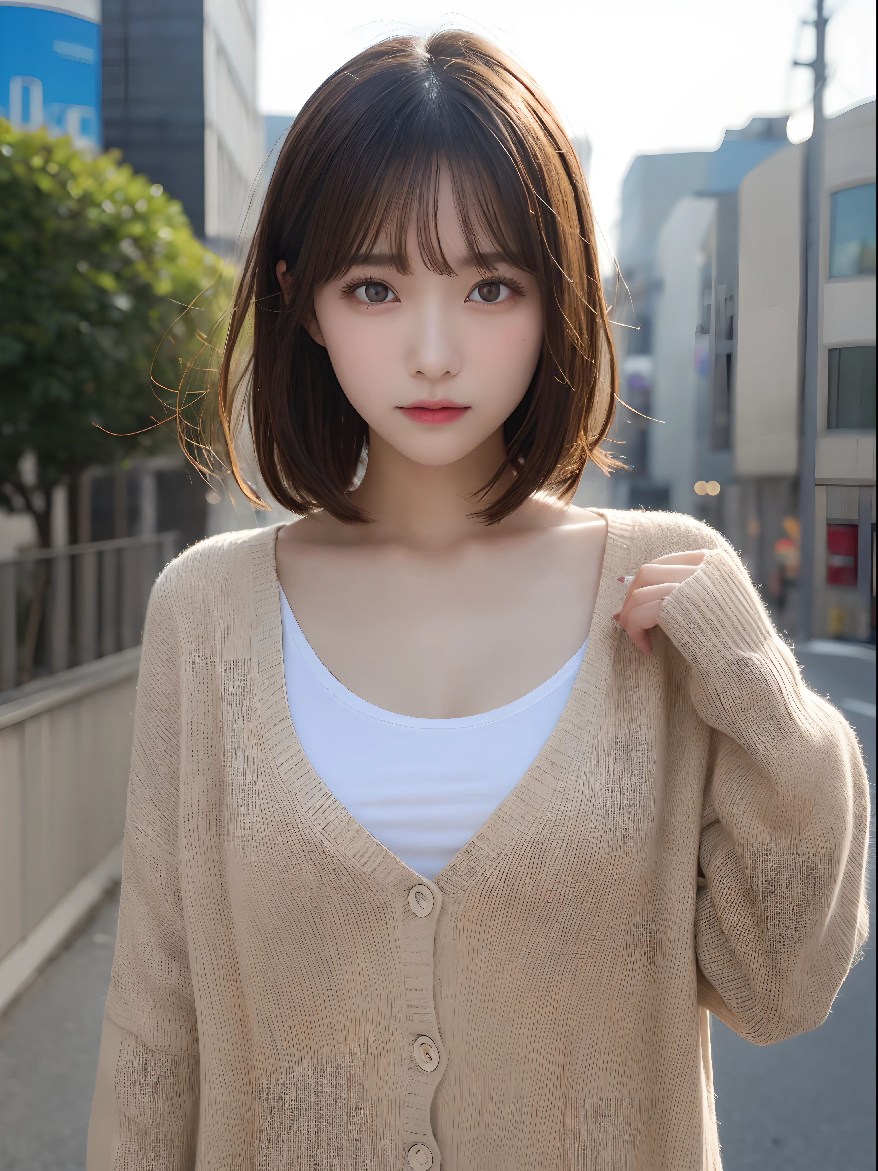 Detailed details,、hight resolution、hightquality、Perfect dynamic composition、Beautiful detailed eyes、short-hair、Small breasts、Natural Color Lip、Kamimei、Shibuya、20 years girl、1 persons、Transparent skin、Glowing hair、masutepiece、Best Quality、finely detail、hight resolution、8K、The correct state of the human body、randome pose、Gravure Model Pose、Onepiece、Cardigan、Hair soaring in the wind、You can't see much of the chest