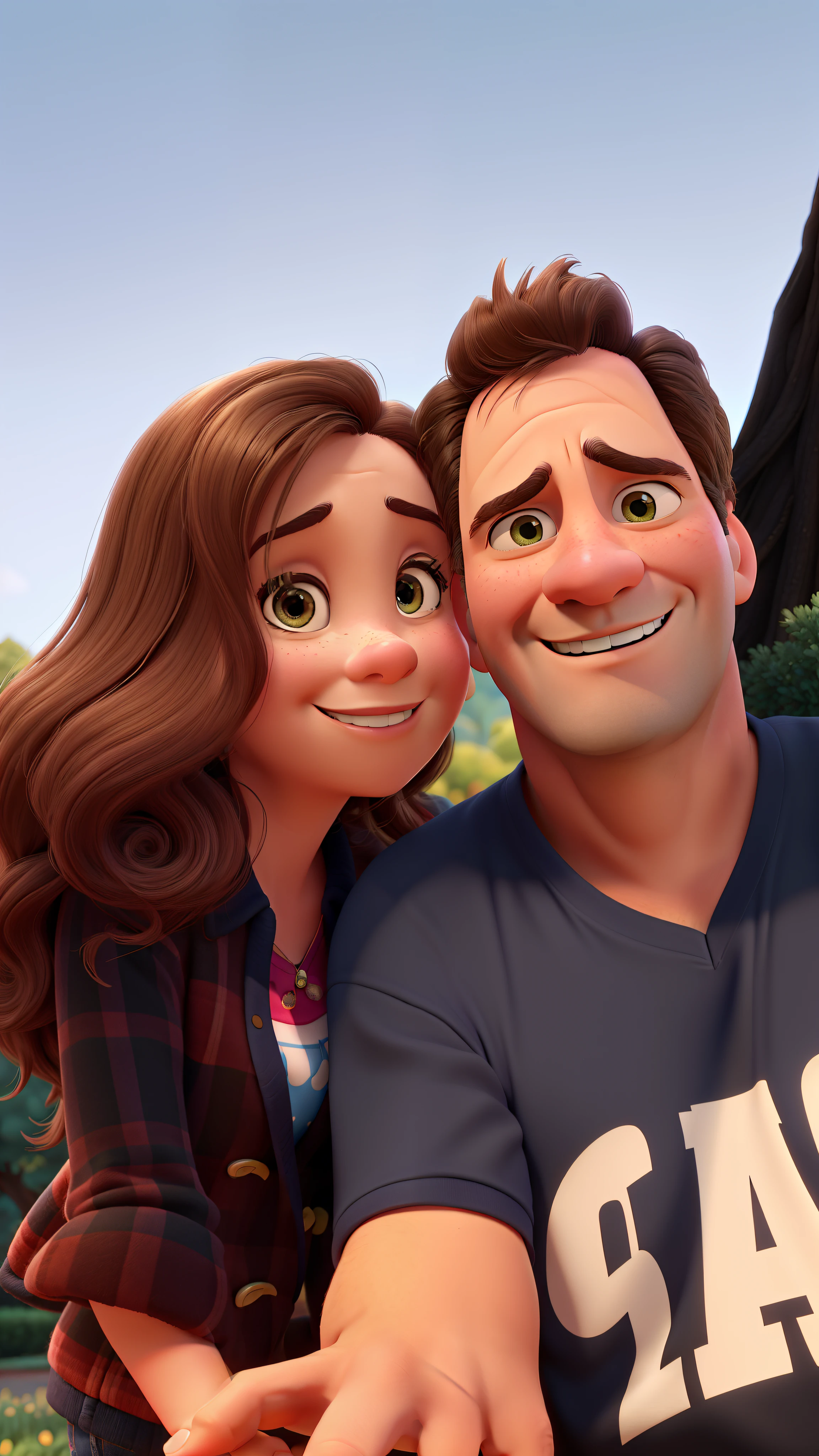 45-year-old man and 42-year-old wife Disney Pixar poster style in high resolution and quality, with trees as photo background!