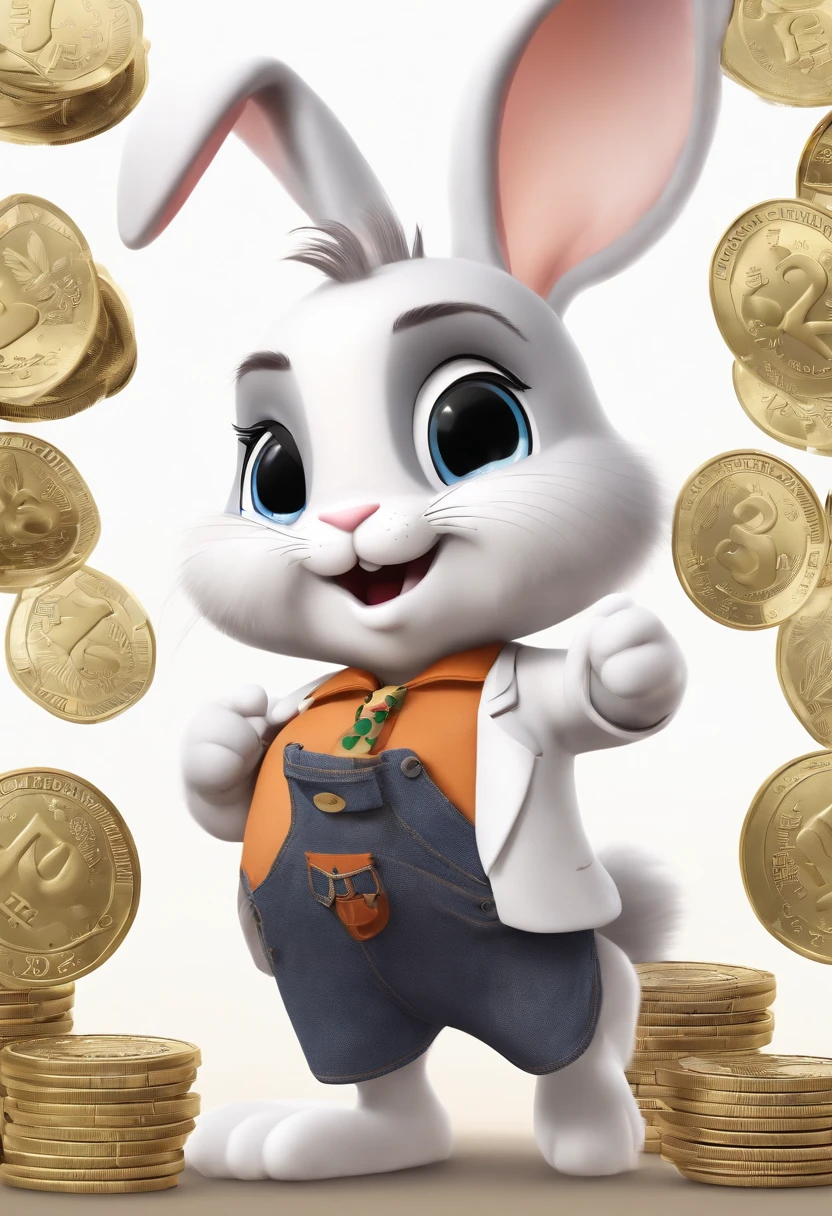 (((Cartoon Character 1.3)))，(((Counting money, counting money)))，(((A cute bunny：1.4)))，The rabbit wears a speckled vest，Denim shorts on the bottom，Naughty expression，HD Real，Black eyes，Flying figure，HD picture，Large areas of white space，Sony SLR lens，Shoot at medium distance，Soft lighting，tmasterpiece