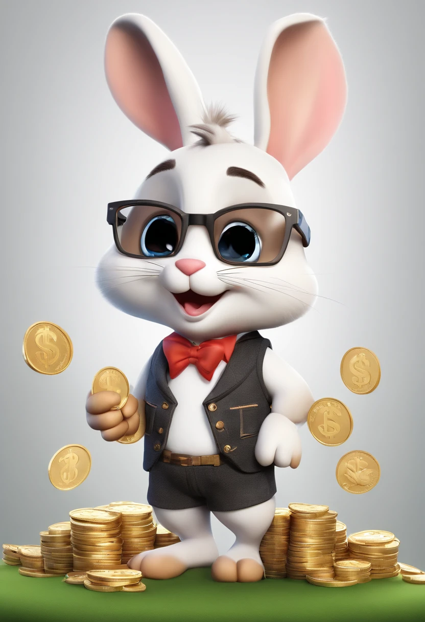 (((Cartoon Character 1.3))),(((Counting money, counting money))),(((A cute bunny:1.4))),The rabbit wears a speckled vest,Denim shorts on the bottom,Naughty expression,HD Real,Black eyes,Flying figure,HD picture,1/3. Leave blank,Sony SLR lens,Shoot at medium distance,Soft lighting,tmasterpiece