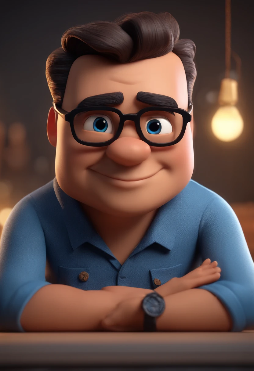Cartoon character of a man with black glasses and a blue shirt, animation character, Caractere estilizado, animation style rendering, 3D estilizado, Arnold Maya render, 3 d render stylized, toon render keyshot, Personagem 3D, Personagem 3D, 3d rendering stylized, 3 d character render, personagem de desenho animado, Personagem de close up, Pose de personagem,  (Estilo Pixar) (master part:1.2) (Bokeh) (best quality) (pele detalhada) (textura detalhada) (8k) (argila) (Cinematic lighting) (foco nítido