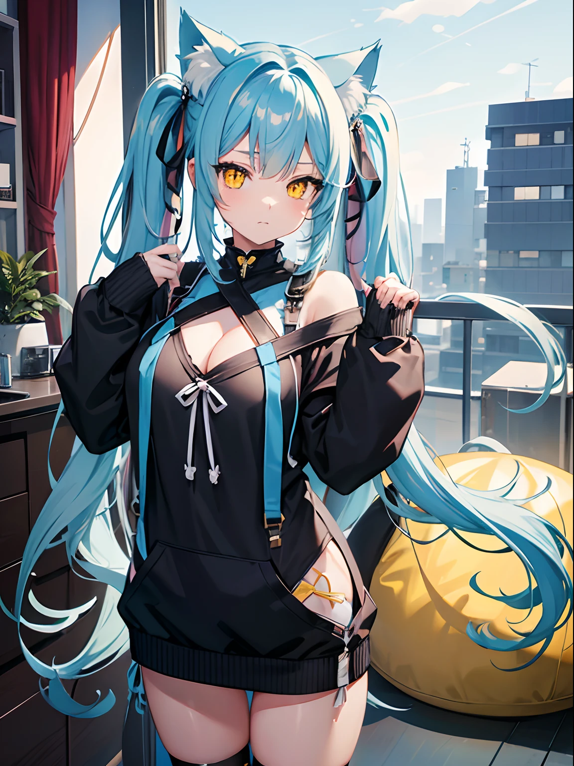 Long Hair, Twintail, Light Blue Hair, Yellow Eyes, Heart pupils, Cat Ears, Cat Tail, Big Boobs, Wearing Hoodie, Long Stocking, Nighttime, Wearing Black Gloves, Inside a house, biting lips