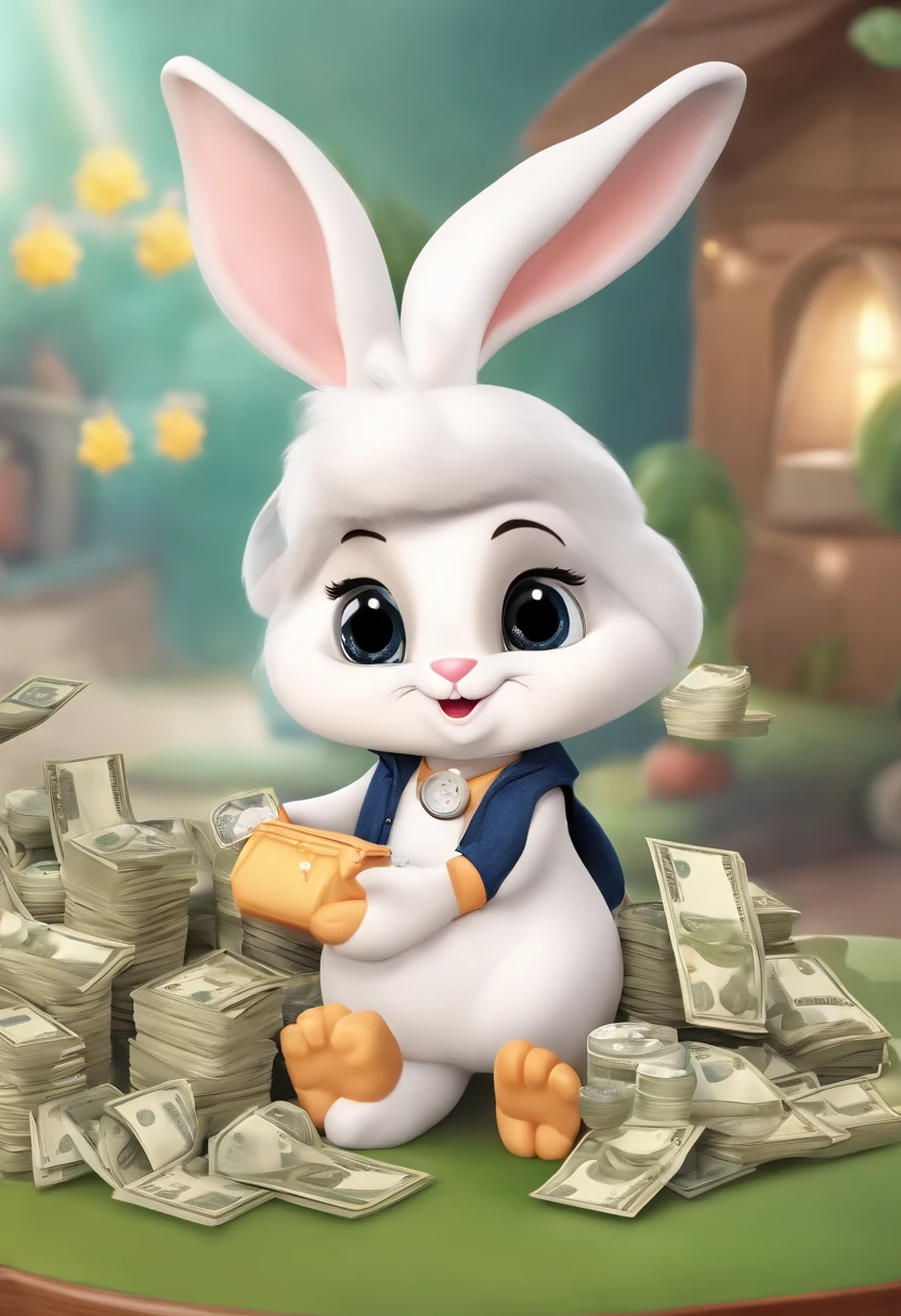 (((Cartoon Character 1.3)))，(((Counting money, counting money)))，(((A cute bunny：1.4)))，He wears a big gold medal around his neck，The rabbit wears a speckled vest，Denim shorts on the bottom，Naughty expression，HD Real，Black eyes，Flying figure，HD picture，Sony SLR lens，Shoot at medium distance，Soft lighting，tmasterpiece