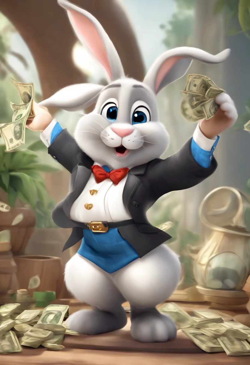 (((Cartoon Character 1.3)))，(((Counting money, counting money)))，(((A cute bunny：1.4)))，The rabbit wears a blue spotted waistcoat，Black denim shorts underneath，Naughty expression，HD Real，Black eyes，Flying figure，HD picture，Large areas of white space，Sony SLR lens，Shoot at medium distance，Soft lighting，tmasterpiece