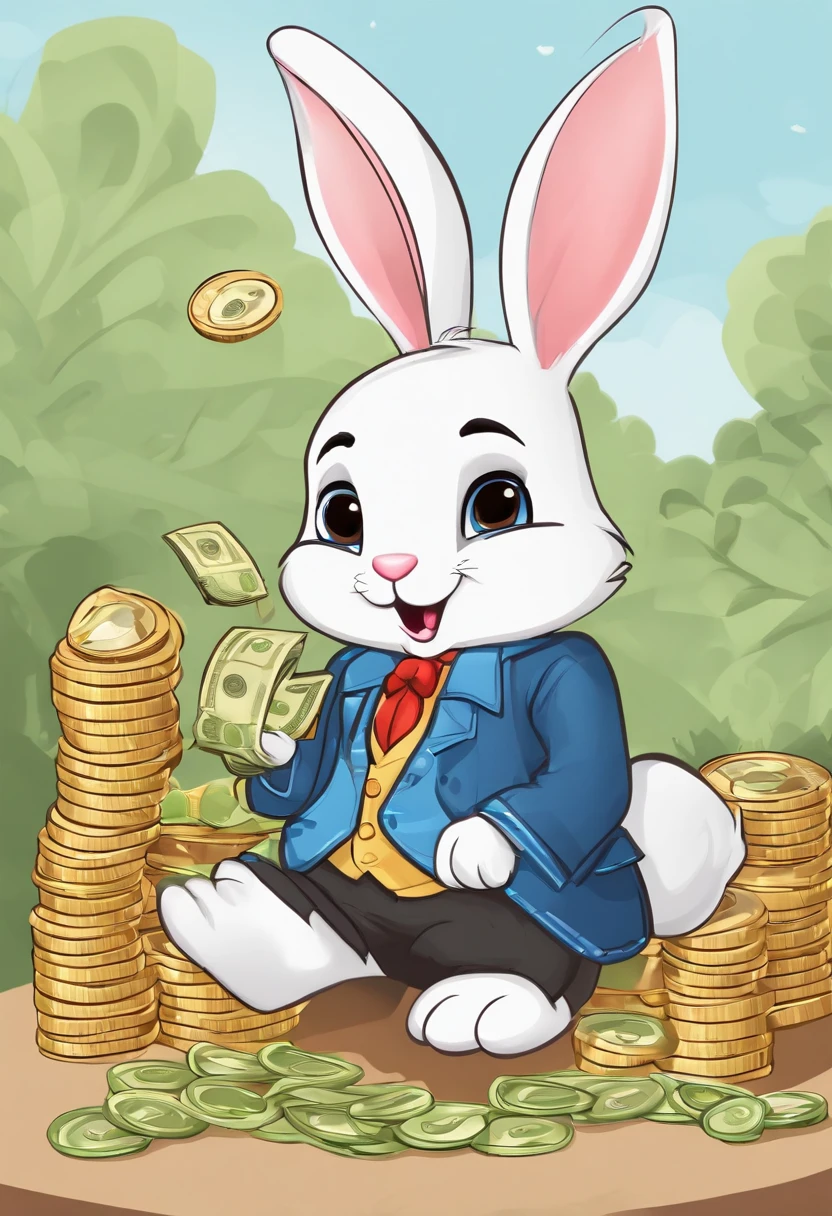(((Cartoon Character 1.3))),(((Counting money, counting money))),(((A cute bunny:1.4))),The rabbit wears a blue spotted waistcoat,Black denim shorts underneath,Naughty expression,HD Real,Black eyes,Flying figure,HD picture,Large areas of white space,Sony SLR lens,Shoot at medium distance,Soft lighting,tmasterpiece