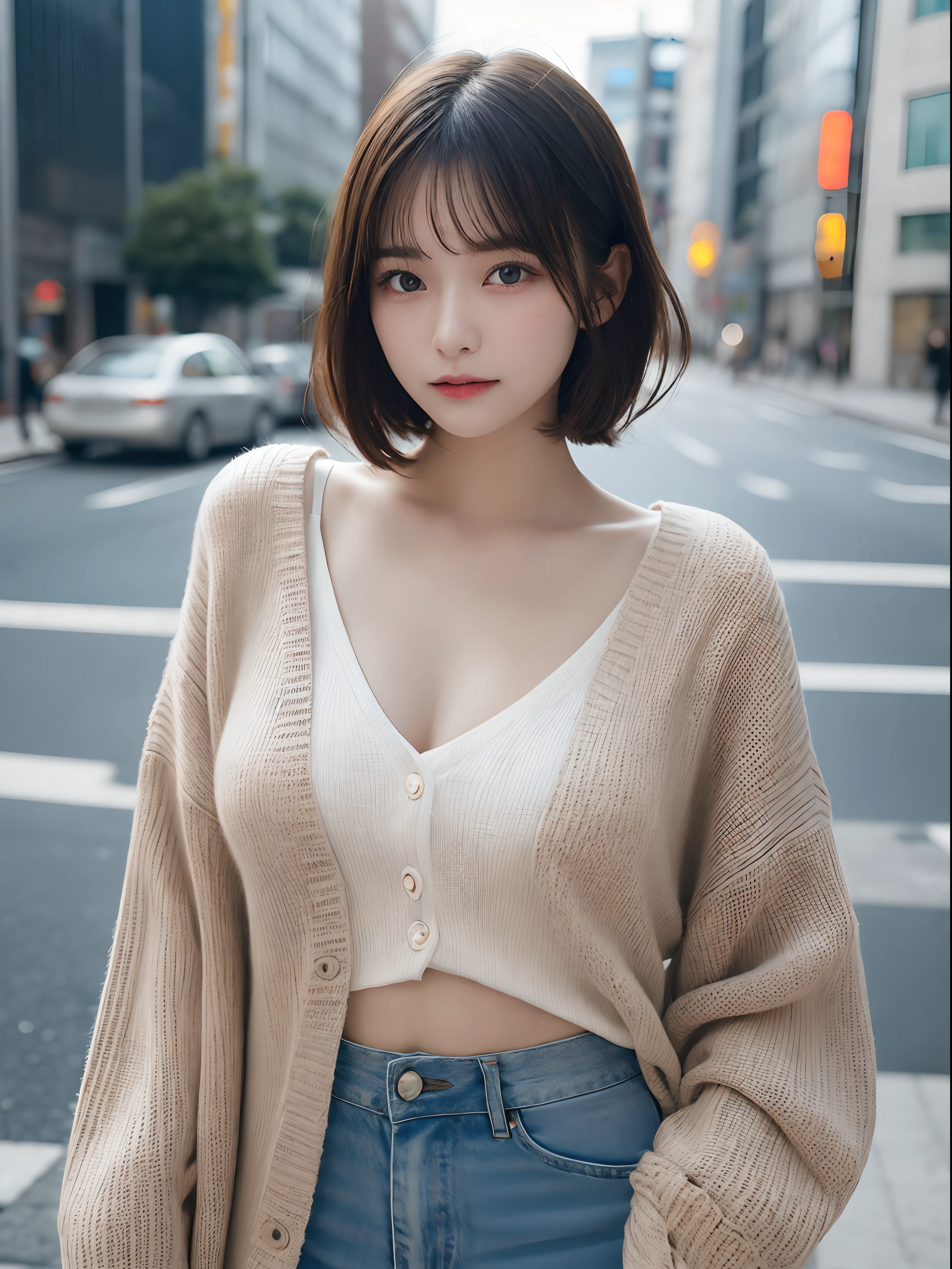 Tabletop, highest quality, shape, Very detailed, finely, High resolution, 8k wallpaper, Perfect dynamic shape, Finely beautiful eyes, Winter clothes,Medium Hair, Small breasts, Natural color lip, Random sexy poses,smile,Big cities、20-year-old girl、Midnight、Beautiful and elaborate face、Perfect and beautiful face,Big eyes