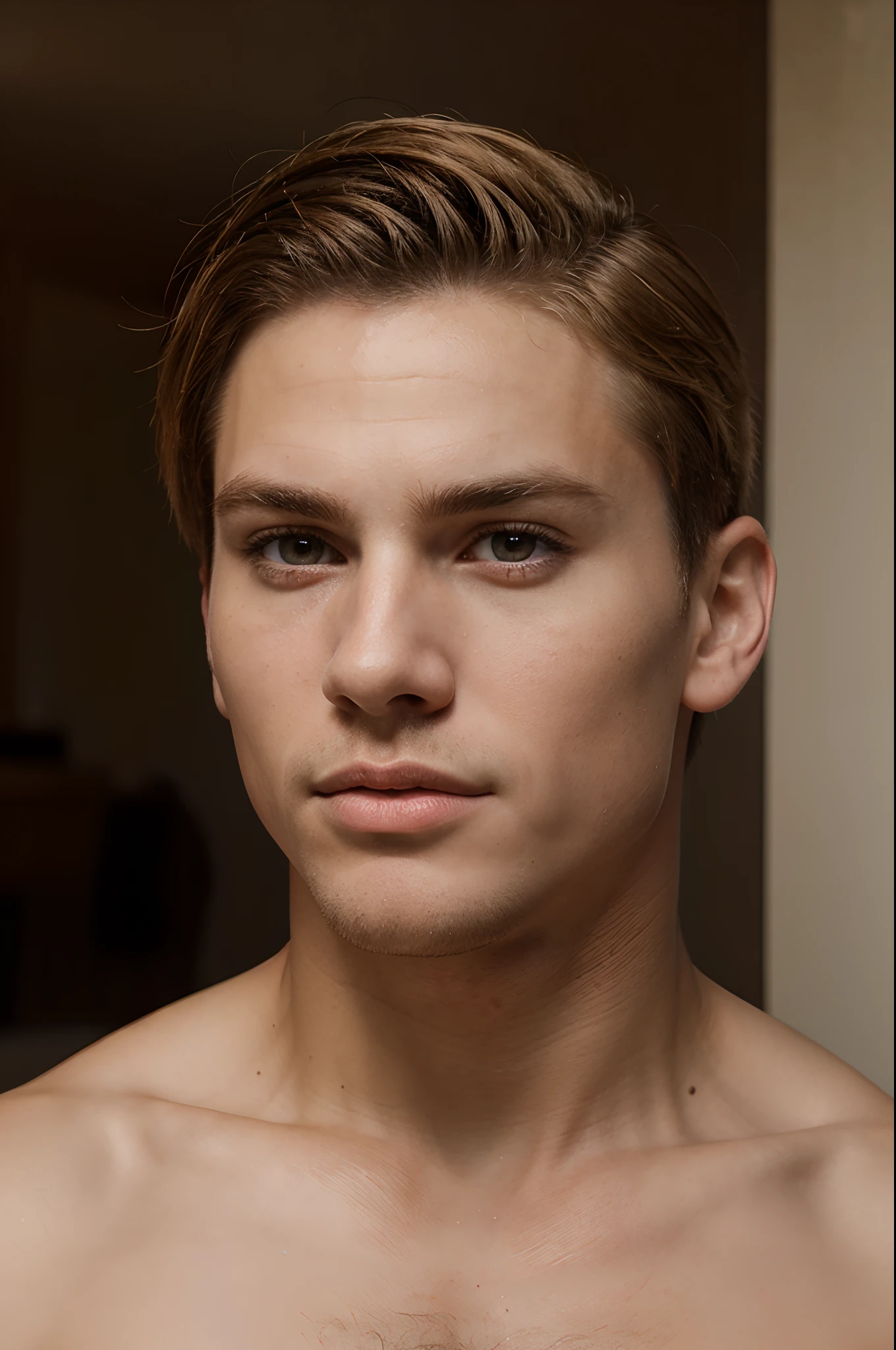 Young guy, photografic, Masculine perfection, Strong jawline, full lips, Roman nose, short blonde hair, brown eye, hyper realistic, 8K --V 4
