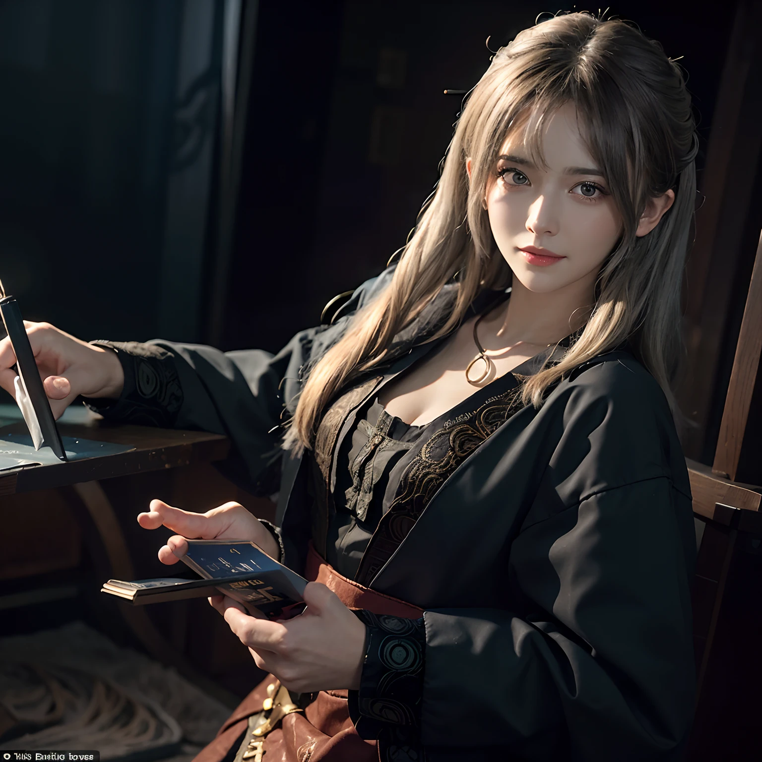 (Front Focus)、(in the darkness nigth:1.6)、Portrait of a female hyperrealist by David Hockney and Alphonse Mucha、Fantasyart、Photorealsitic、动态照明、art stations、poster for、Volumetric lighting、extra detailed face、4 k、Award-winning、1girl、in the darkness nigth、deep-shadows、lowkey、cowboy shot、(Formula service:1.4)、length hair、white hair、a smile、super-detaild skin、full body standing