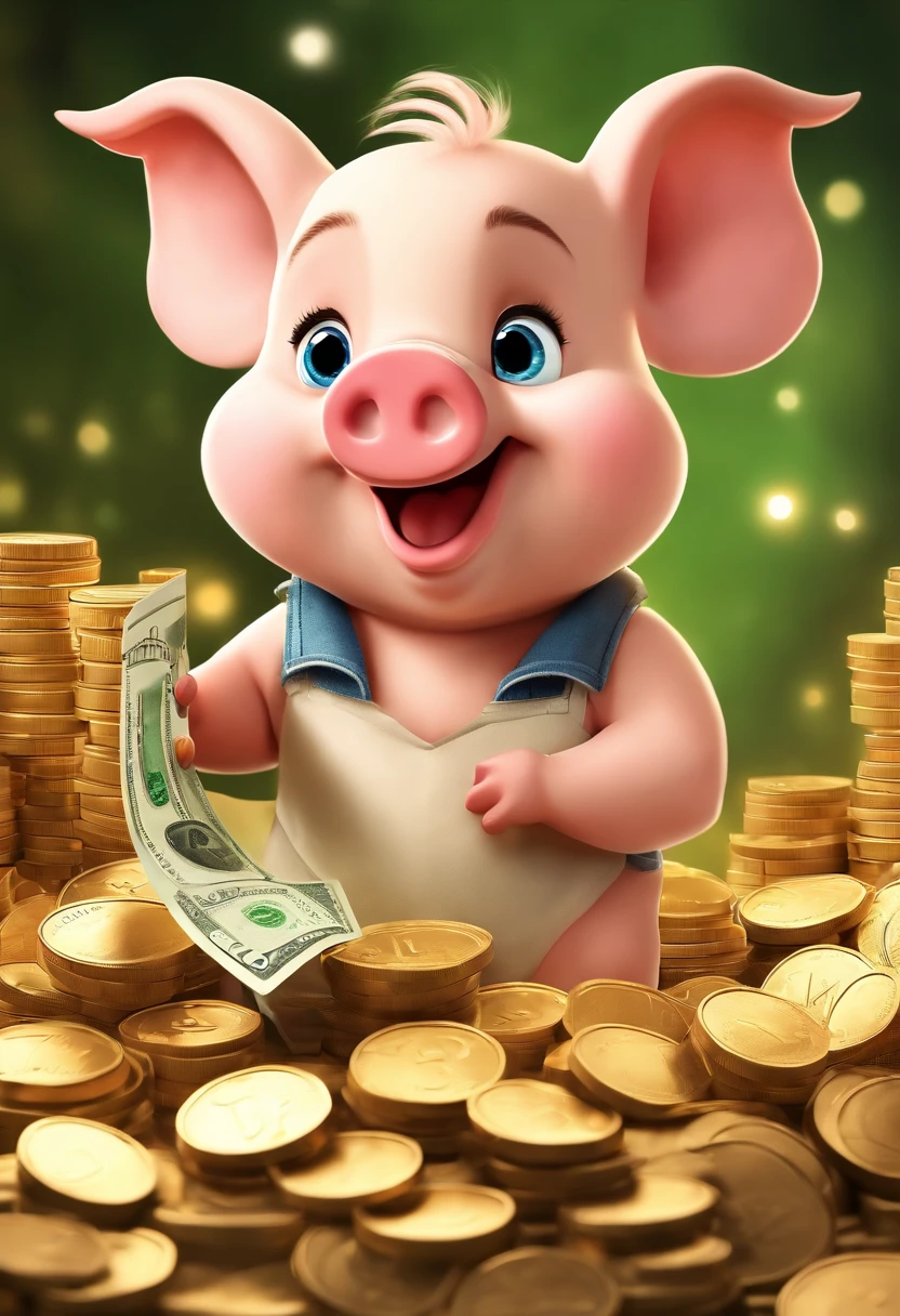 (((Cartoon Character 1.3))),(((Counting money, counting money))),(((A cute little piglet:1.4))),Wears a spotted vest on the top,Denim shorts on the bottom,Naughty expression,HD Real,Black eyes,Flying figure,HD picture,1/3. Leave blank,Sony SLR lens,Shoot at medium distance,Soft lighting,tmasterpiece