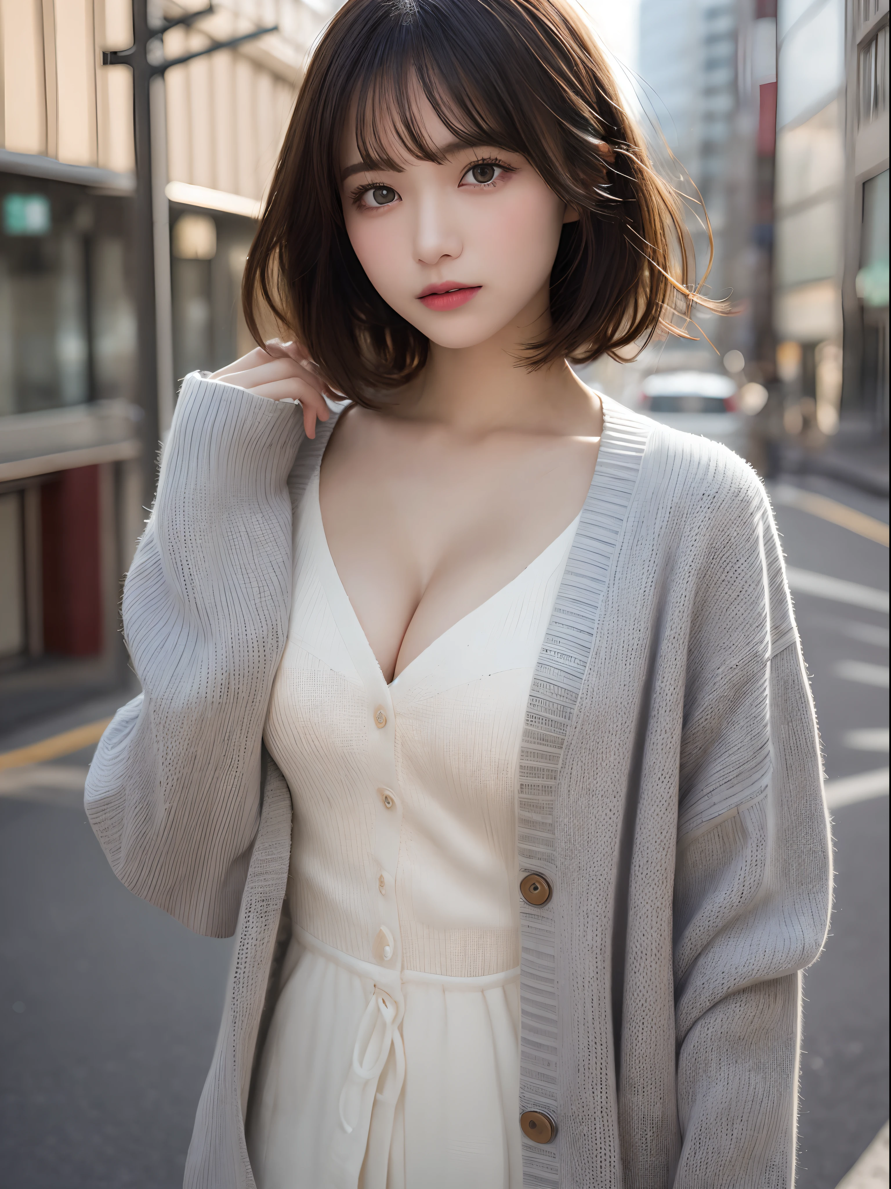 Detailed details,、hight resolution、hightquality、Perfect dynamic composition、Beautiful detailed eyes、short-hair、Small breasts、Natural Color Lip、Kamimei、Shibuya、20 years girl、1 persons、Transparent skin、Glowing hair、masutepiece、Best Quality、finely detail、hight resolution、8K、The correct state of the human body、randome pose、Gravure Model Pose、Onepiece、Cardigan、Hair soaring in the wind、Hide cleavage