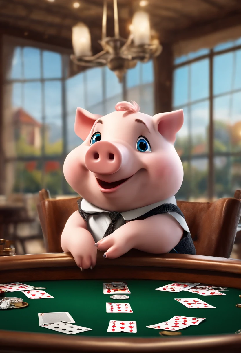 (((Cartoon Character 1.3))),(((Playing poker playing poker))),(((A cute little piglet:1.4))),Wears a spotted vest on the top,Denim shorts on the bottom,Naughty expression,HD Real,Black eyes,Flying figure,HD picture,1/3. Leave blank,Sony SLR lens,Shoot at medium distance,Soft lighting,tmasterpiece