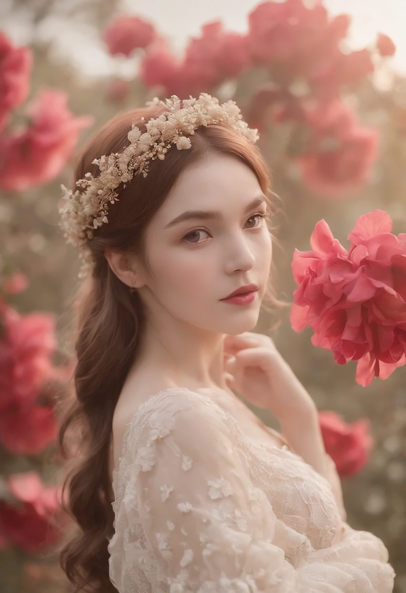 1girll,(full body Esbian:1.4),Polycystic ovary,bare-legged,独奏,Hatflower,
Cinematic lighting,strong contrasts,Romantic realist style,high level of detail,(Fairytale scenes),Rose,Yellowflower,Red flower,Bird,unit,make up,gemstone,Head dress,Dress,Bare shoulders,  style-swirlmagic