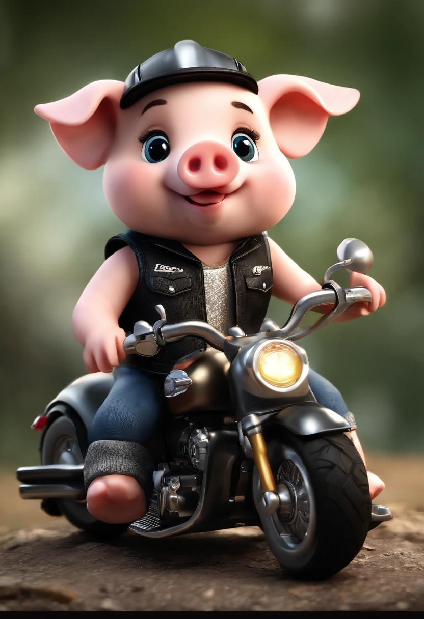 (((Cartoon Character 1.3)))，(((A cute super cute little pig riding a Harley-Davidson motorcycle)))，(((A cute little piglet：1.4)))，Wears a spotted vest on the top，Denim shorts on the bottom，Naughty expression，HD Real，Black eyes，Flying figure，HD picture，1/3. Leave blank，Sony SLR lens，Shoot at medium distance，Soft lighting，tmasterpiece