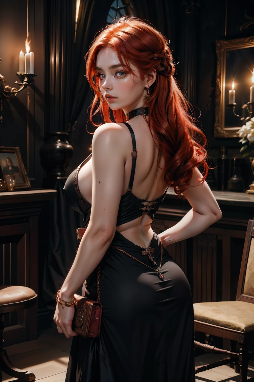 Picture of a woman with red hair and a death grip in a black dress, John Collier's Art Style, Virgo with copper hair, Style by Karol Buck, Young Redhead, Portrait of a Young Witch, No Bowwater Art Style, Stage Director: Roberto Liankiewicz, Geraldo Brohm, Alberto Lynch, portrait of princess merida, Dave Sim, Red-haired girl in a dark palace, Black and purple velvet dress in a kokoshnitsa, Luxury Gypsy Clothing, Head Ornament, lace choker, tmasterpiece, topquality, (Odin), (a perfect face: 1.3), (higly detailed: 1.2), dramatic, 1girl, angel, (Pale-skinned), long red hair, dark red hair, (Huge-breasts), light eyebrows,, hairlong, the night, Purple and Black Medieval Gypsy Clothing, A lot of jewelry, Head decorations, brown eye, The navel is covered, pouty lips, Curvilinear, (Hands Behind Your Back: 1.4), covered, Detailed backstory of the palace, Arte de Artgerm e Greg Rutkowski, 电影灯光, , moda, balenciaga, Alexander McQueen, glistering, Copper-red hair, Copper-red hair, redhead hair, redhead woman, Beautiful red hair, Redhead, Pale-skinned, Bottle of Fat, large lips, juicy lips beautiful lips, pretty eyes, Chubby Boechachas, round face, Chubby young woman, Chubby Teen, chub, Fatty, Woman with chubby body, Chubby woman, black dress, Gloomy dress