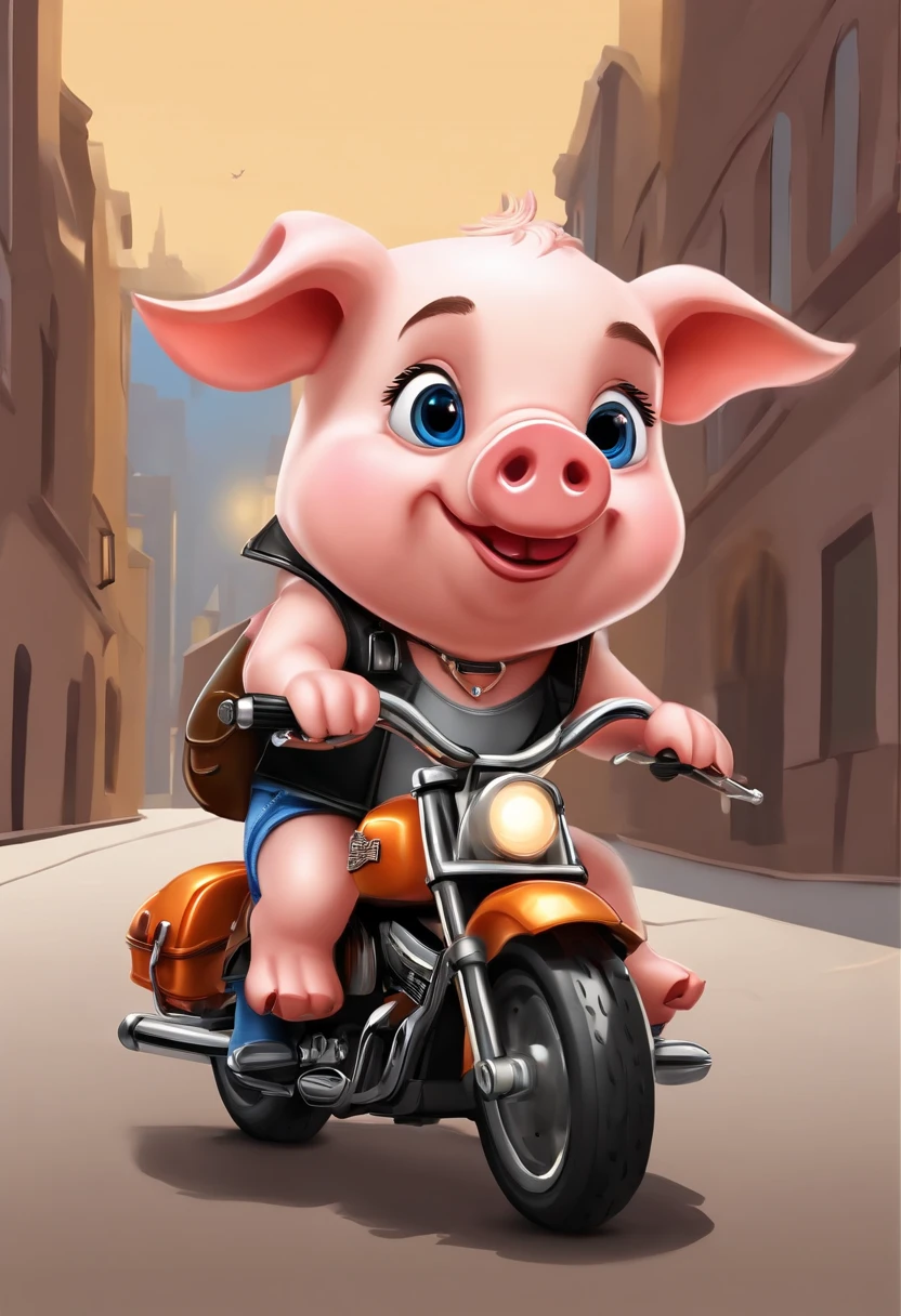 (((Cartoon Character 1.3))),(((A cute super cute cartoon cartoon pig riding a Harley-Davidson motorcycle))),(((A cute little piglet:1.4))),Wears a spotted vest on the top,Denim shorts on the bottom,Naughty expression,HD Real,Black eyes,Flying figure,HD picture,1/3. Leave blank,Sony SLR lens,Shoot at medium distance,Soft lighting,tmasterpiece