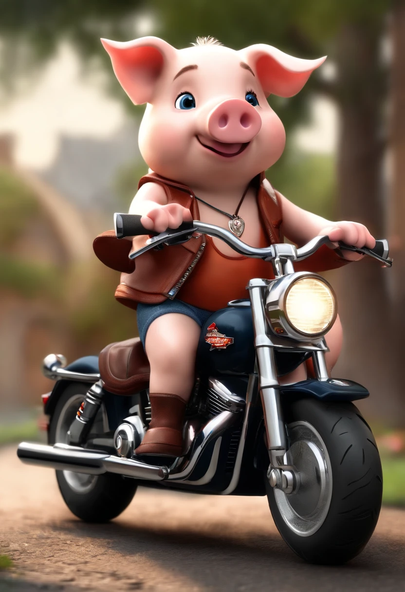 (((Cartoon Character 1.3))),(((A cute super cute cartoon cartoon pig riding a Harley-Davidson motorcycle))),(((A cute little piglet:1.4))),Wears a spotted vest on the top,Denim shorts on the bottom,Naughty expression,HD Real,Black eyes,Flying figure,HD picture,1/3. Leave blank,Sony SLR lens,Shoot at medium distance,Soft lighting,tmasterpiece