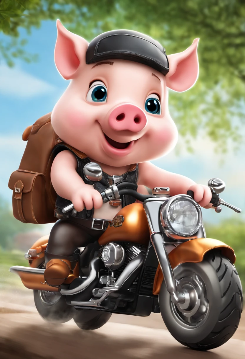 (((Cartoon Character 1.3))),(((A cute super cute cartoon cartoon pig riding a Harley-Davidson motorcycle))),(((A cute little piglet:1.4))),Wears a spotted vest on the top,Denim shorts on the bottom,Naughty expression,HD Real,Black eyes,Flying figure,HD picture,1/3. Leave blank,Sony SLR lens,Shoot at medium distance,Soft lighting,tmasterpiece