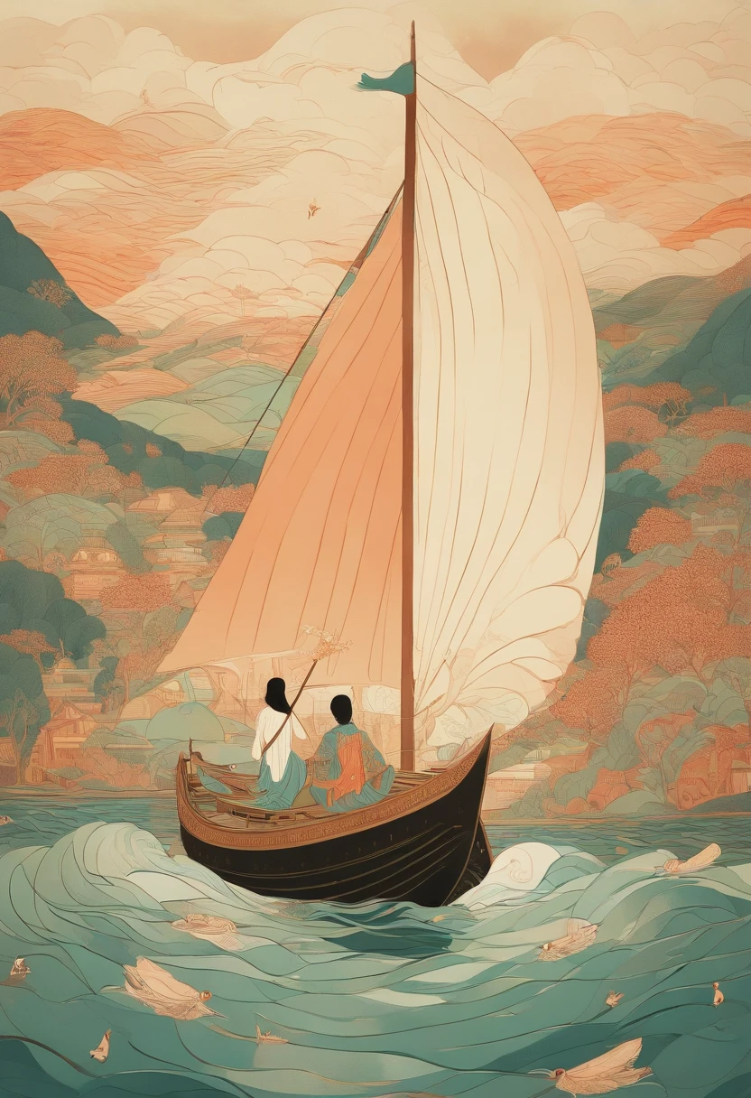 Illustration of a boat carrying people sailing on a river, an illustration of inspired by Victo Ngai, guanyin of the southern seas, ( ( victo ngai ) ), dreamland of chinese, victo ngai style, botticelli and victo ngai, victo ngai! pastel colour, victo ngai fine texture
