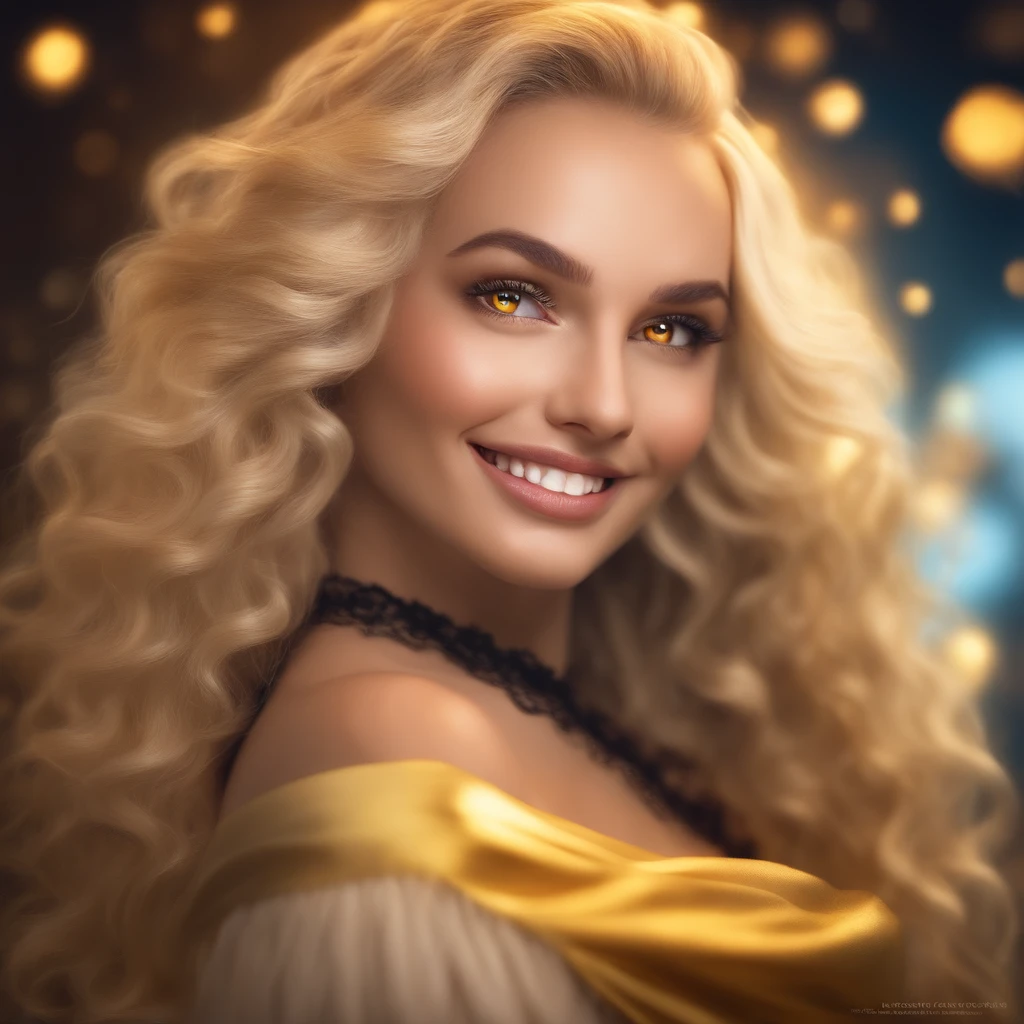 8 K, (masterpiece,best quality:1.2), high resolution:.5k:0.5 ultra high quality:0.5, photo realistic,best quality,(raw photo:1.2),Ultra detailed, Realistic full body portrait, 1 Beautiful cute blonde girl, perpect anatomy, chica sexy, very big breasts, narrow waist, beautiful legs, large braid of long blonde hair over her right shoulder, big smile (shows white teeth and a lively red tongue),full lips,Look at the camera, luminous lighting, blurred background sharp image ,The goddess, bathed in golden light, women, choker around the neck, big rims , detailed eyes and face, big beautiful deep blue eyes bright and detailed, beautiful detailed red lips, extremely detailed eyes and face, short skirt, lace top, high heels shoes, alen4_kryukova