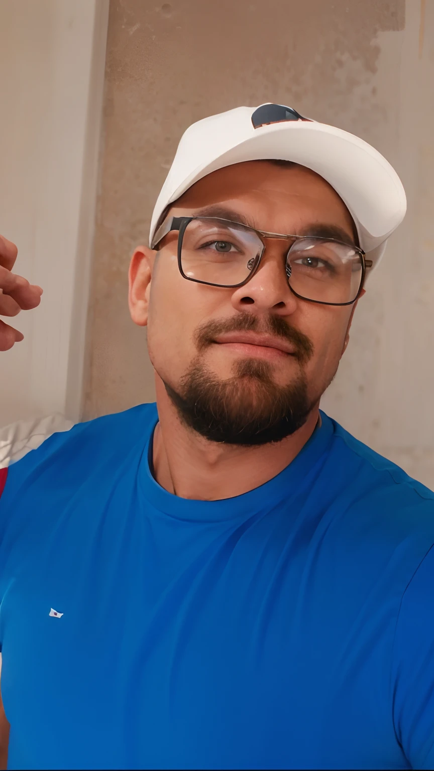 Musculoso, defined muscles, com barba, with prescription glasses, white cap quality in 4K, Flawless sharpness, brightness at 70%