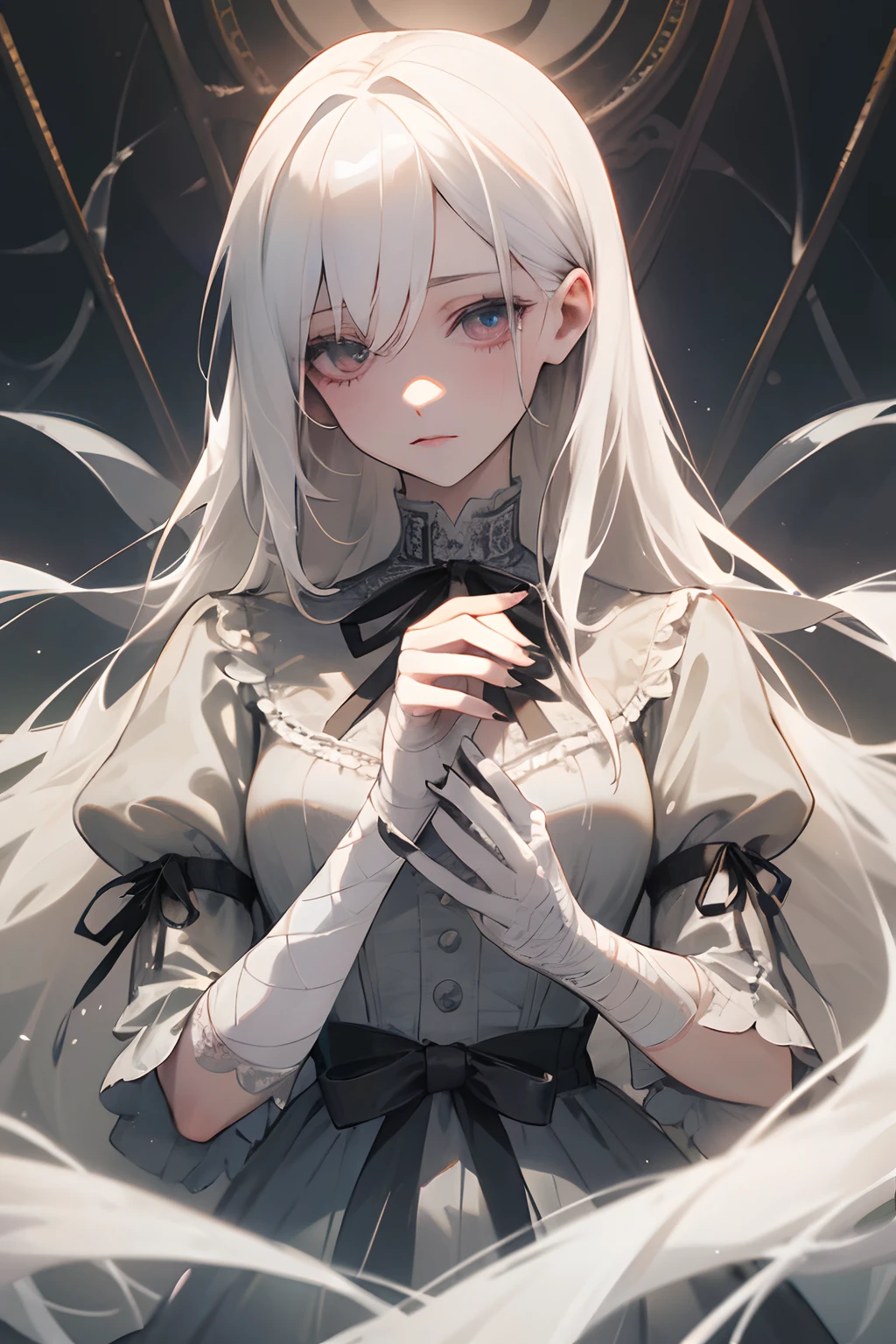 (best quality, highres, ultra-detailed), Woman, lacey Victorian dress, bandages and scars on arms, black nails, long flowing white hair with ribbon, eyes that look like hollow mirrors, dainty, pale skin, ethereal, delicate, soft lighting, vintage aesthetic, eerie background