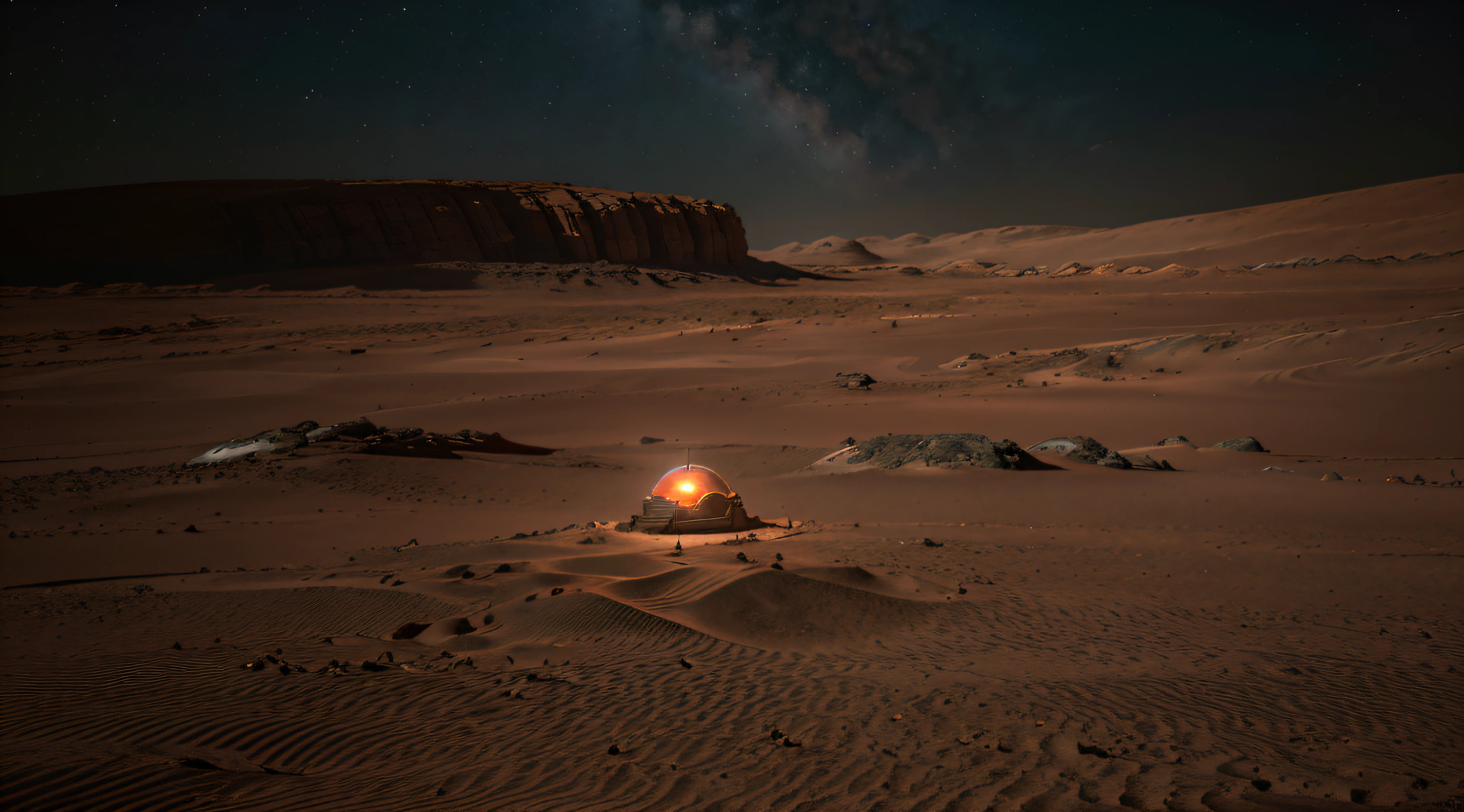 4k highly detailed , beautiful uhd 4 k, 4 k hd illustrative, a captivating Martian night on the surface of the Red Planet, The sky is tinged with a subtle reddish hue, and the landscape is rocky and barren, In this scene, a pair of moons, Phobos and Deimos, hang prominently in the Martian sky, casting elongated shadows on the rugged terrain, The stars above are more pronounced due to the thinner Martian atmosphere, and they twinkle brilliantly against the backdrop of the night, A spacecraft, illuminated by its own soft, artificial light, sits in the distance, serving as a reminder of humanity's exploration of Mars, The surface is covered in reddish Martian dust, and the wind gently sweeps it into delicate patterns across the ground, Despite the harsh Martian environment, this scene conveys a sense of otherworldly beauty and the awe-inspiring nature of our exploration of the cosmos, The viewer should feel as though they are standing on the surface of Mars, gazing at the wonders of the Martian night sky.