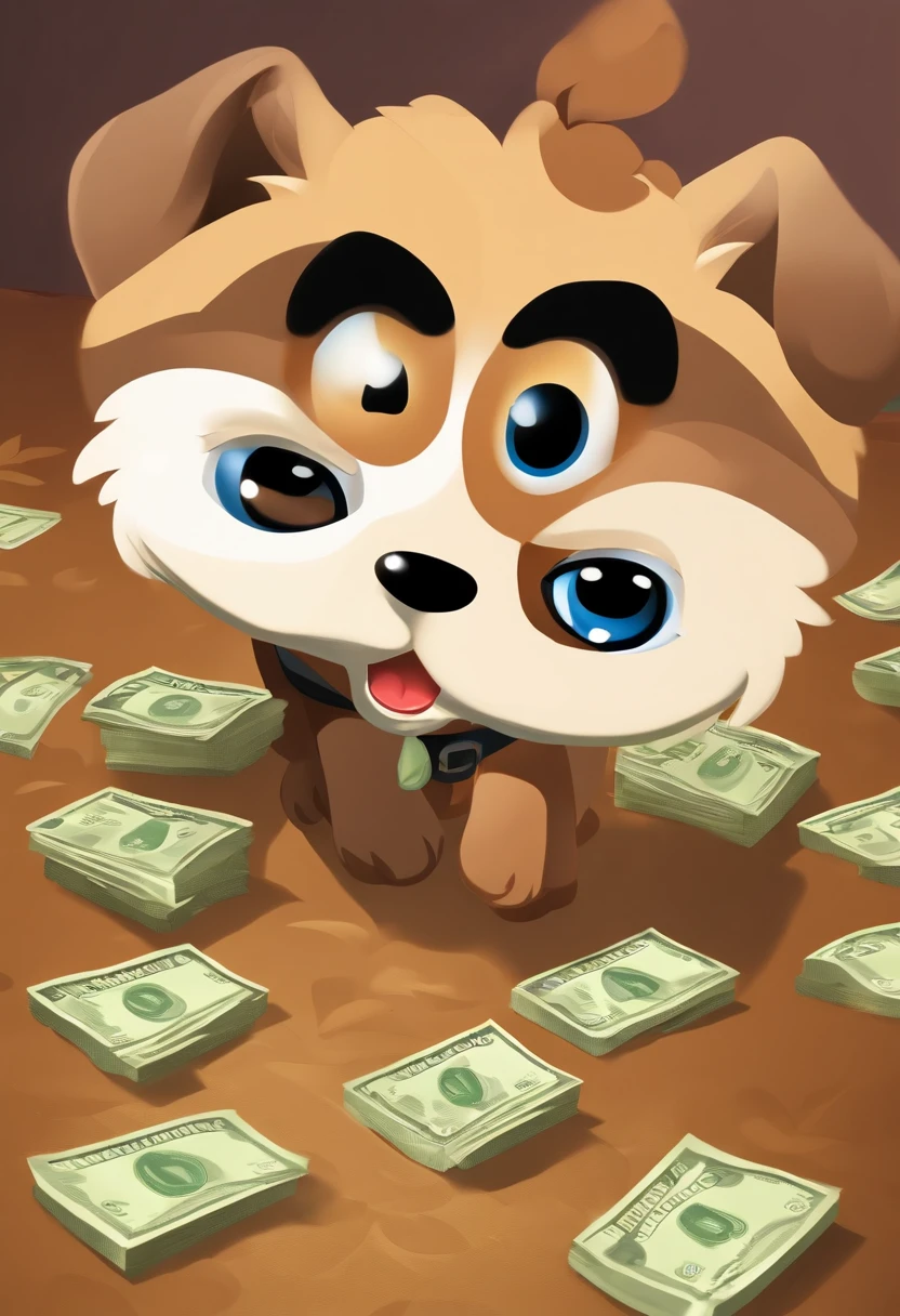 (((Cartoon Character 1.3)))，(((Counting money, counting money)))，(((A cute super cute puppy：1.4)))，Wears a spotted vest on the top，Denim shorts on the bottom，Naughty expression，HD Real，Black eyes，Flying figure，HD picture，1/3. Leave blank，Sony SLR lens，Shoot at medium distance，Soft lighting，tmasterpiece